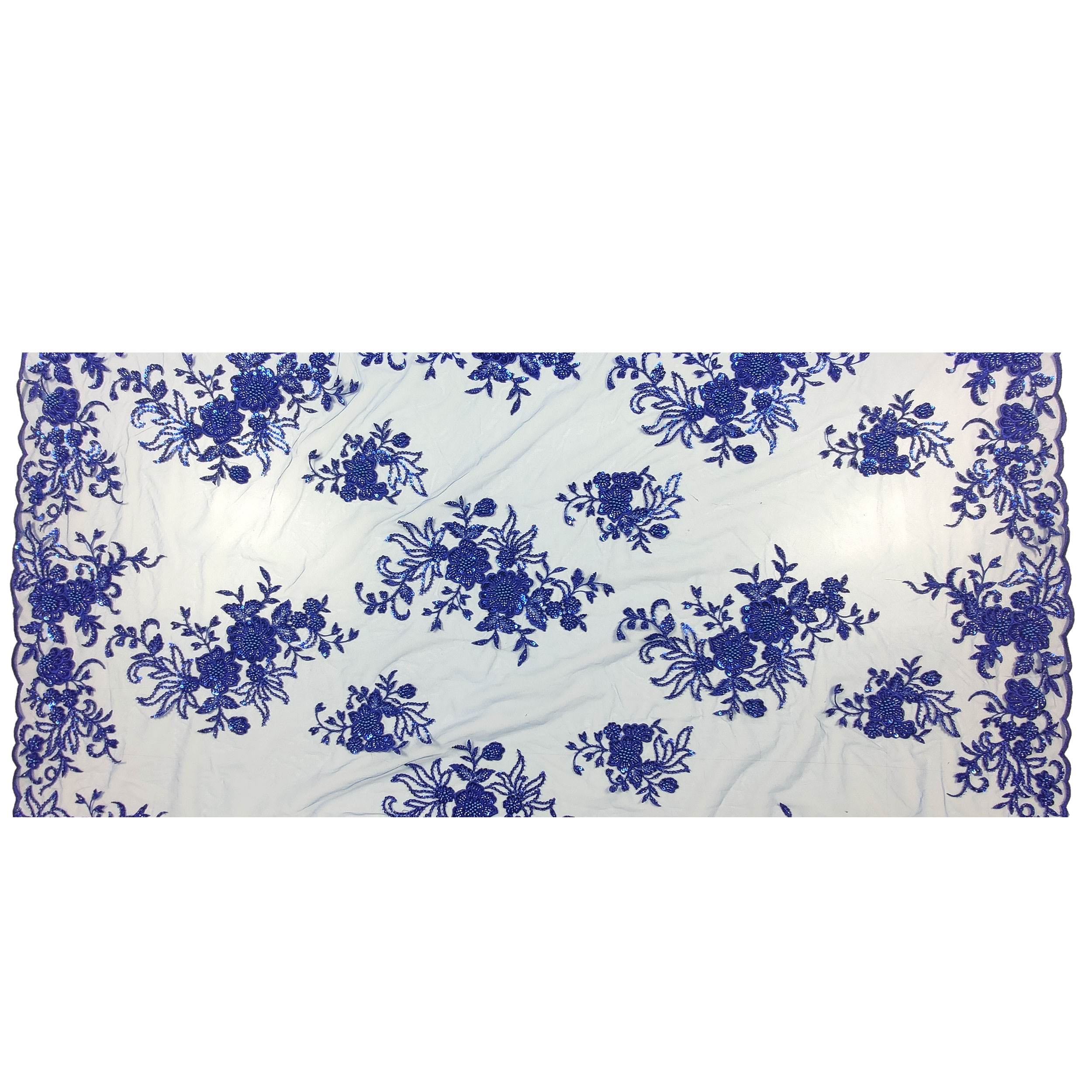Floral Double Edge Beaded Tulle Lace - Cornflower Blue 