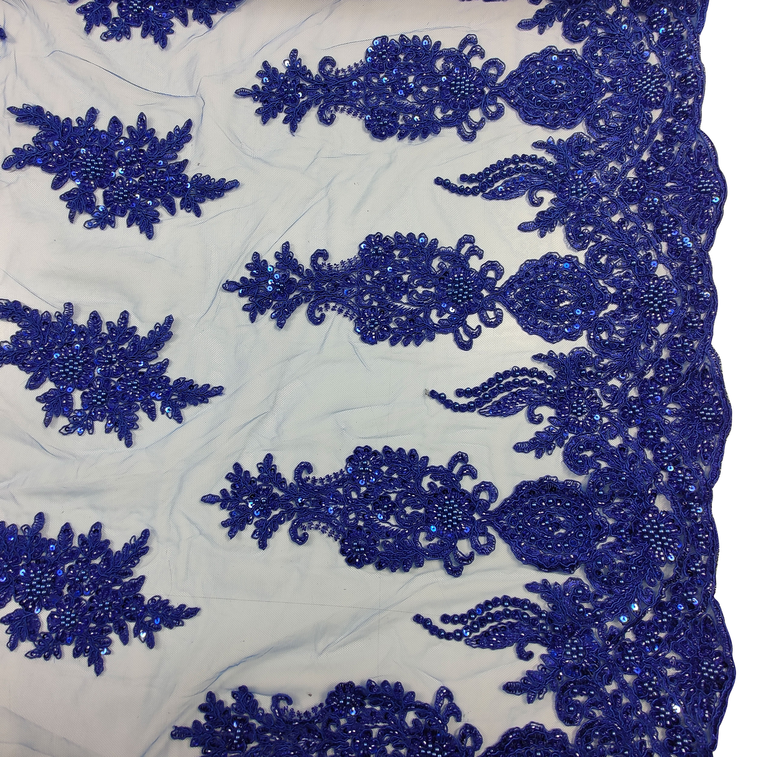 High Fashion Beaded Double Edge Floral Lace - Cornflower Blue