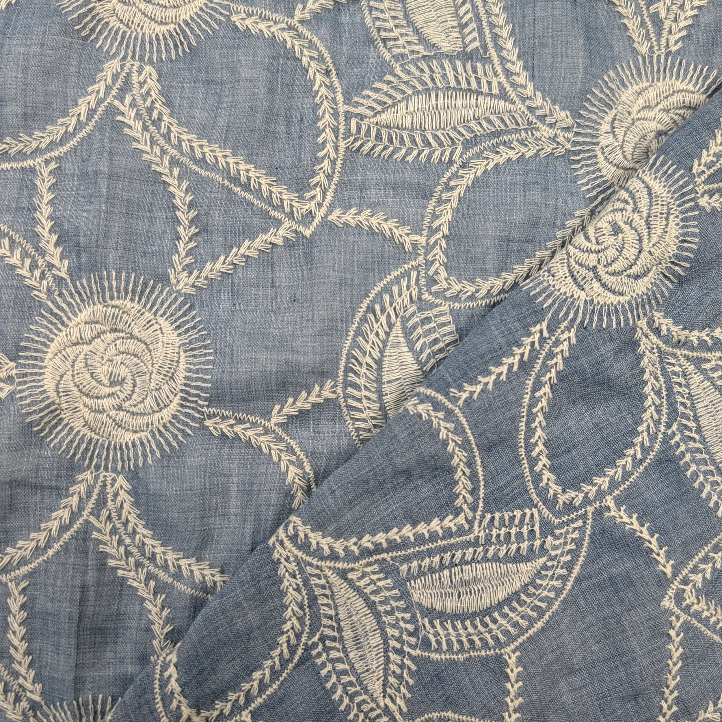 Blue Flower Embroidered Cotton Muslin Image