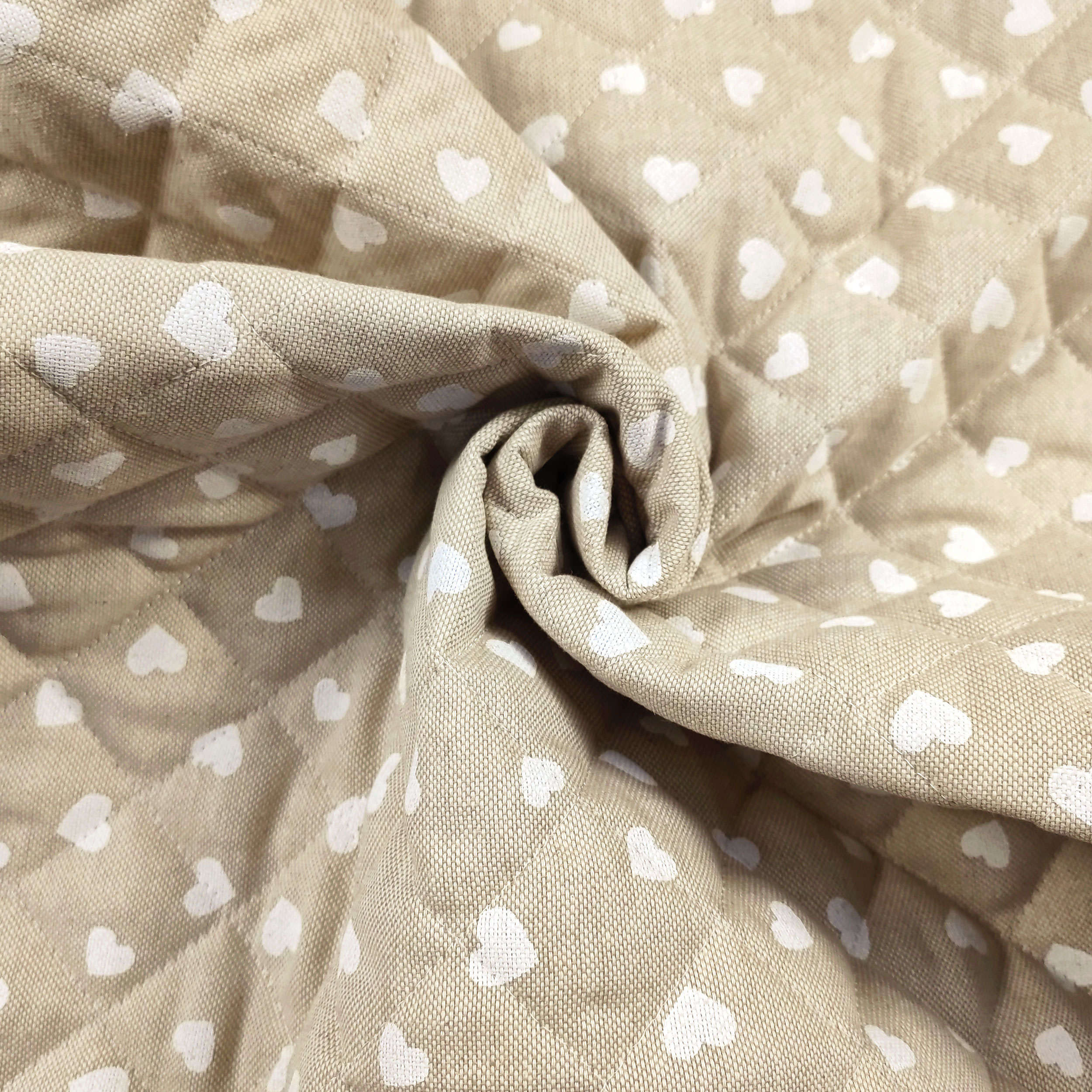 Quilted Fabric White Hearts Beige Background