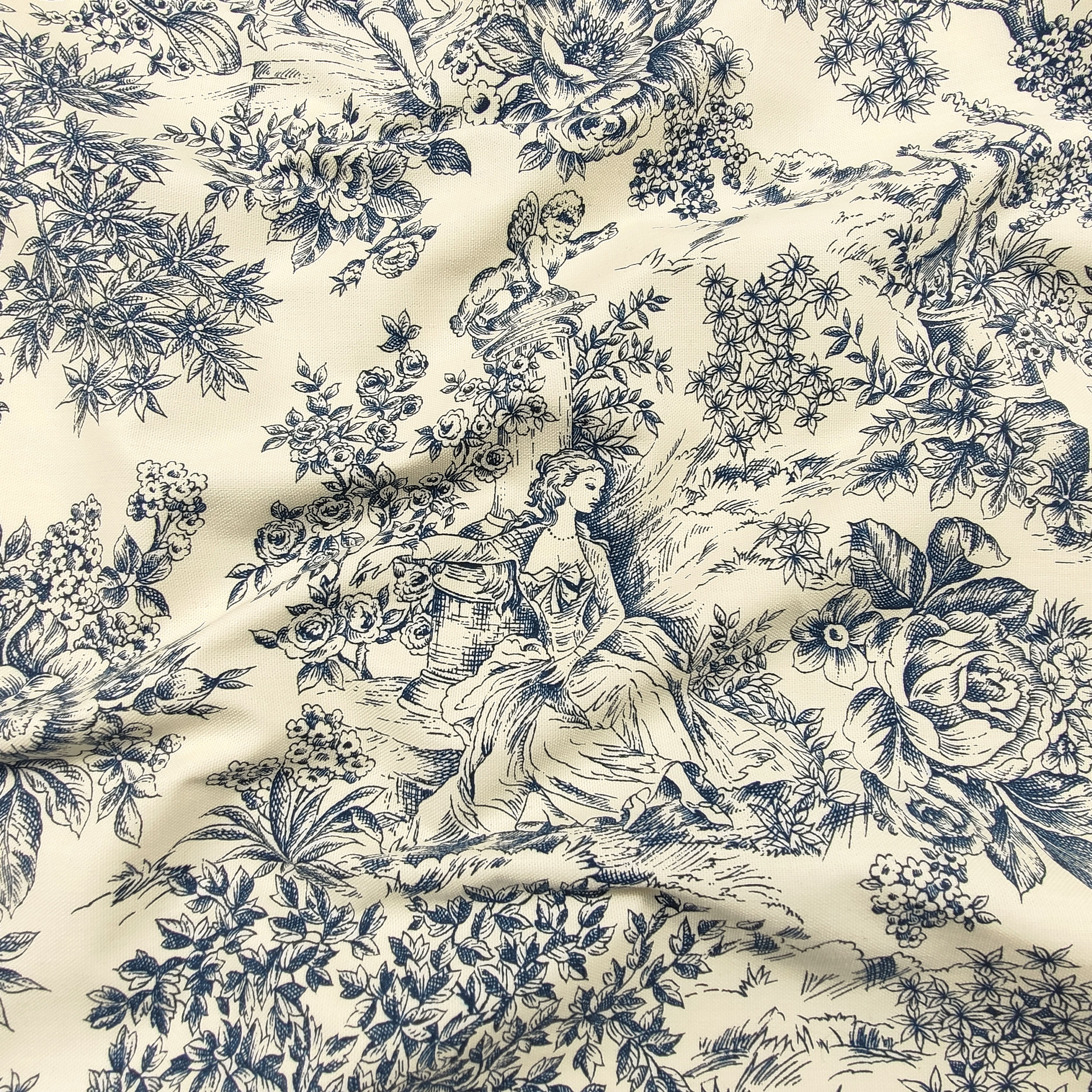 Panama Fabric Toile De Jouy Fond Bleu Crème