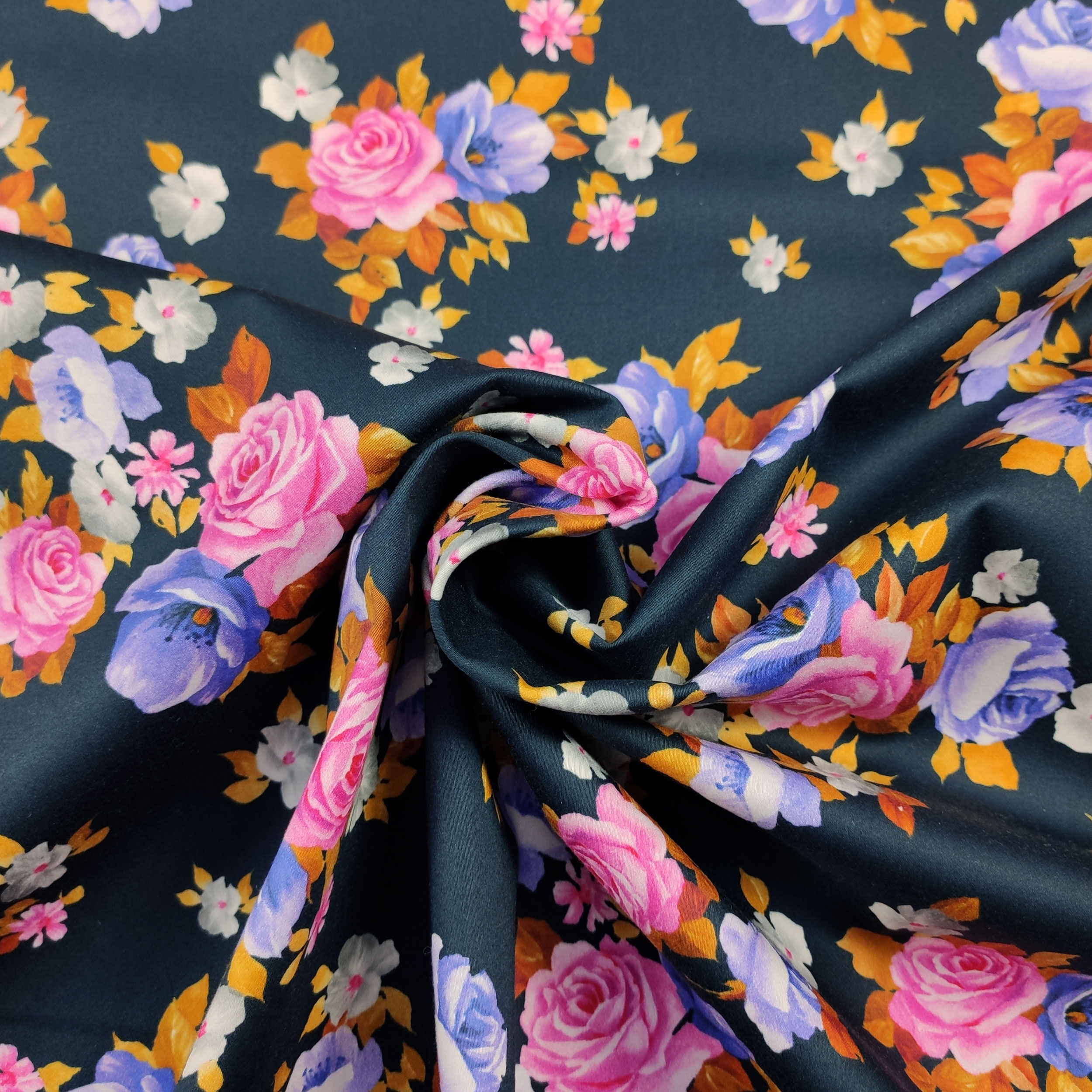 Floral Cotton Satin Navy Background