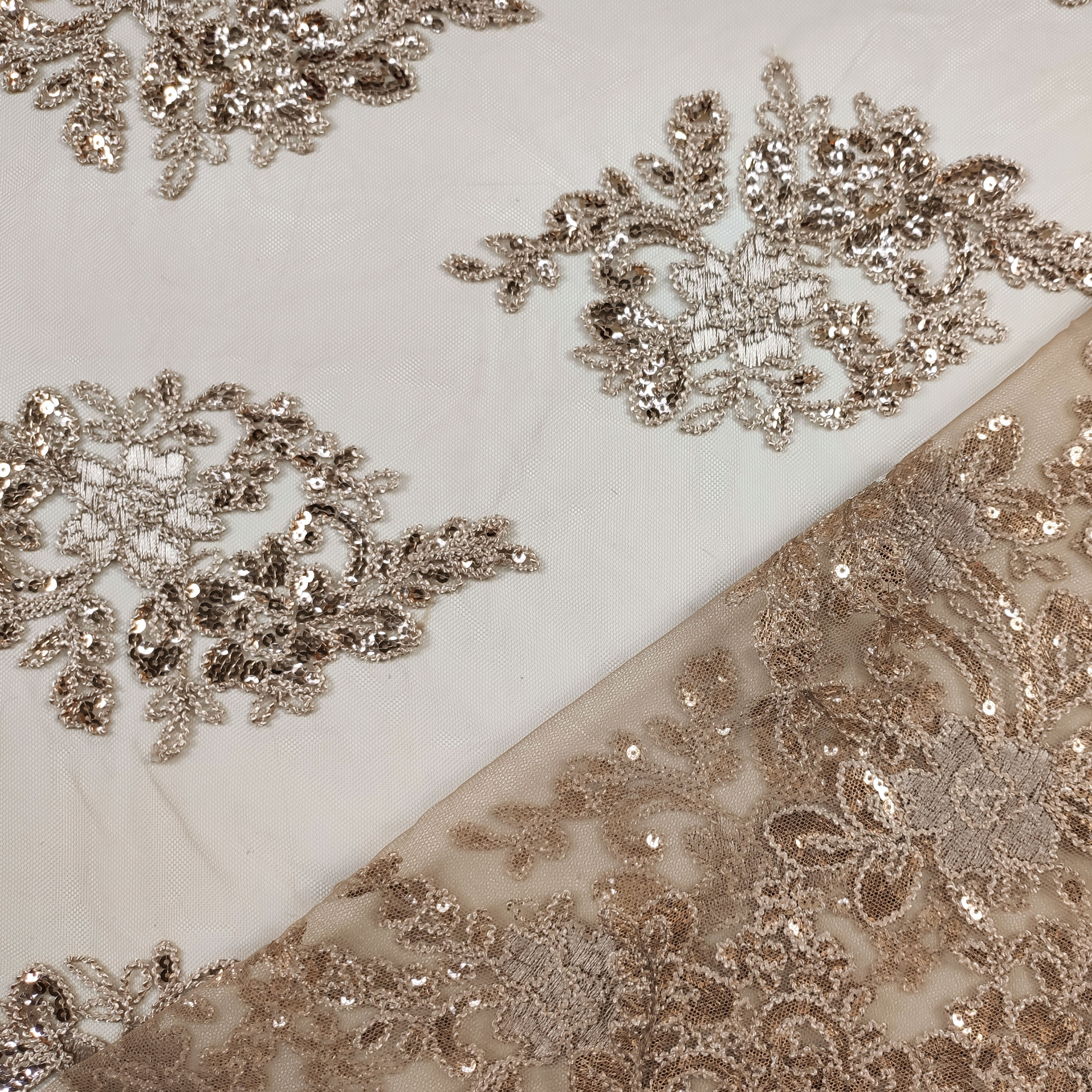 Tissu Tulle Broderie Paillettes Double Feston Beige