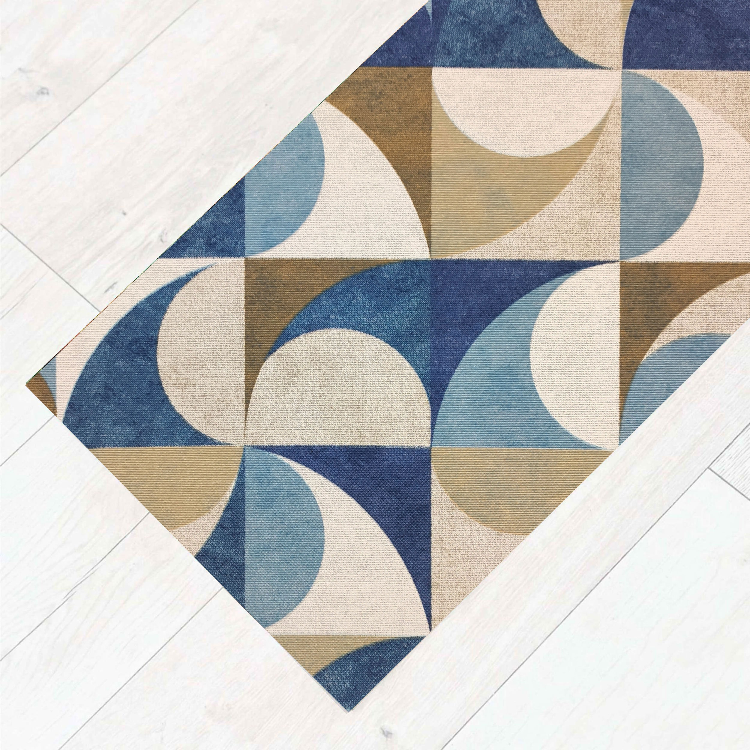 Alfombra de cocina geométrica azul y beige