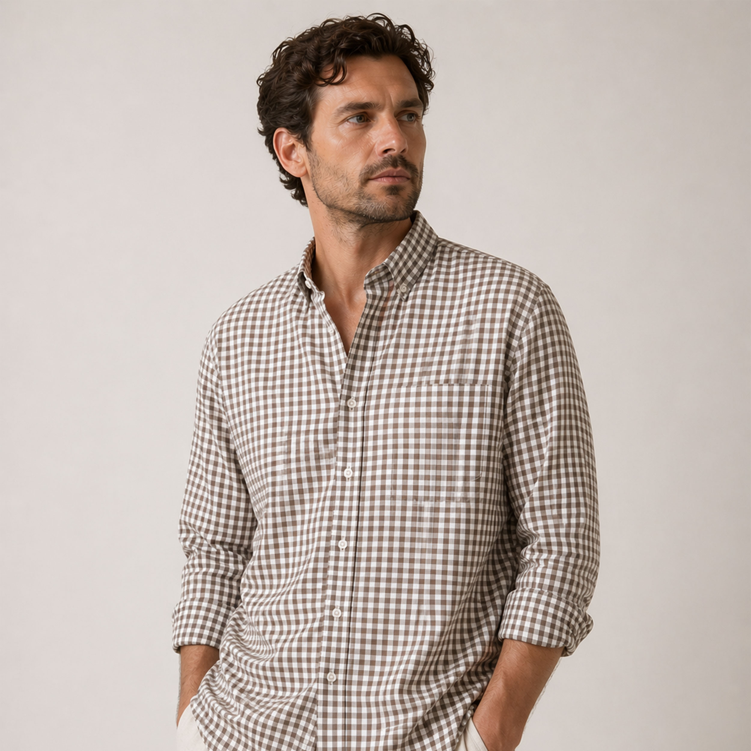 Cotton for Shirts Quadretto Hazelnut Image