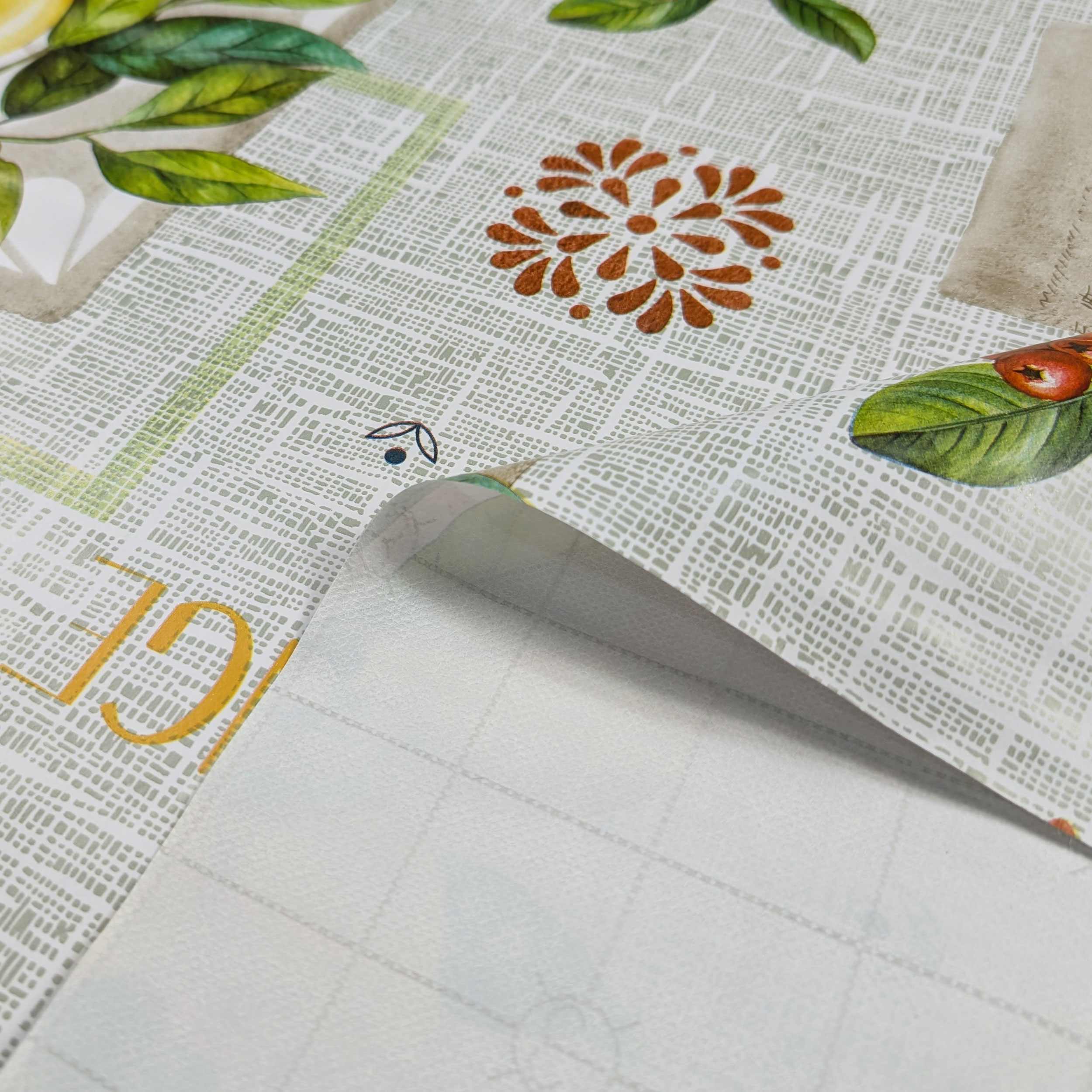 Fabric for Plasticised Tablecloth Fruits and Writings Image