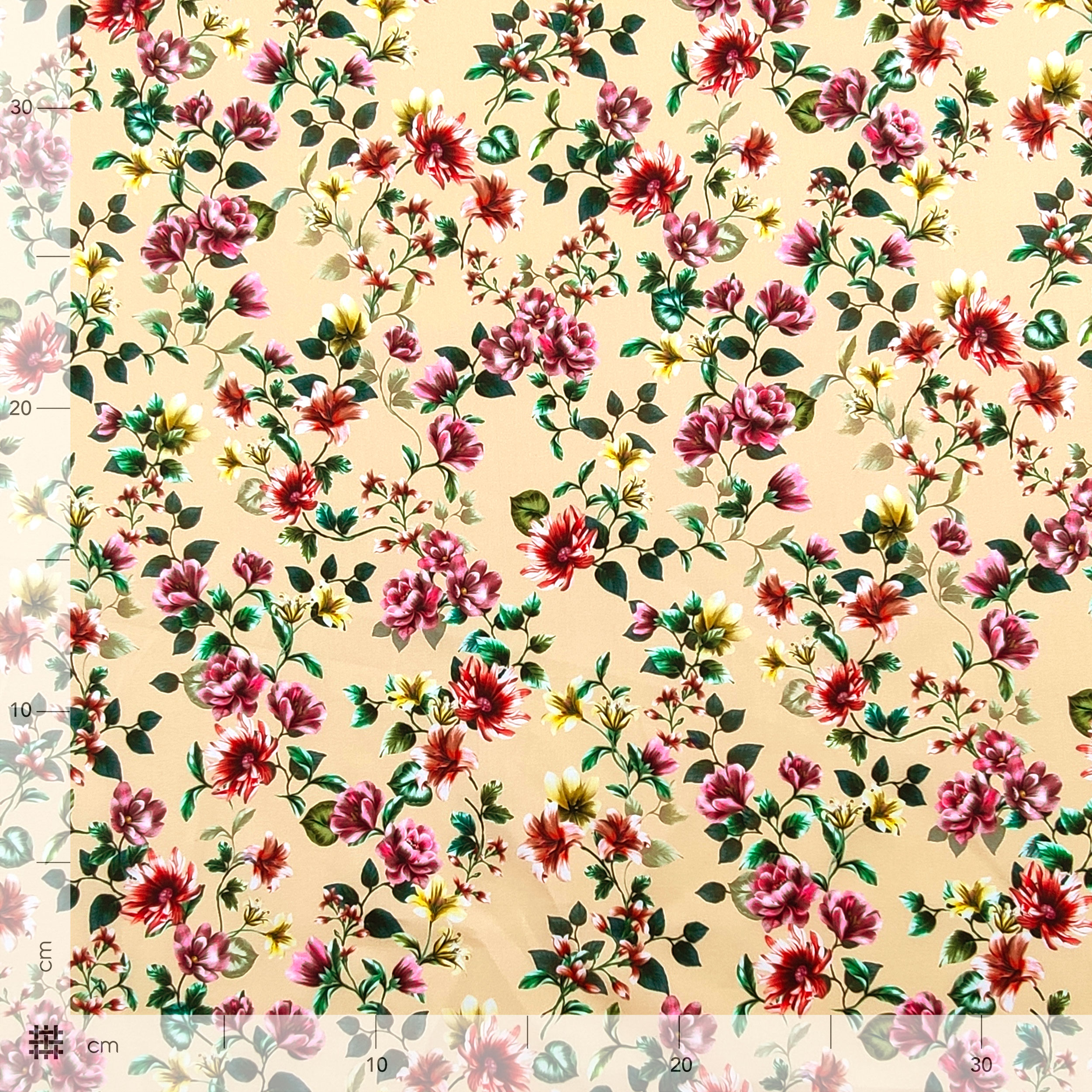 Cotton Rasatello Beige Background with Flowers