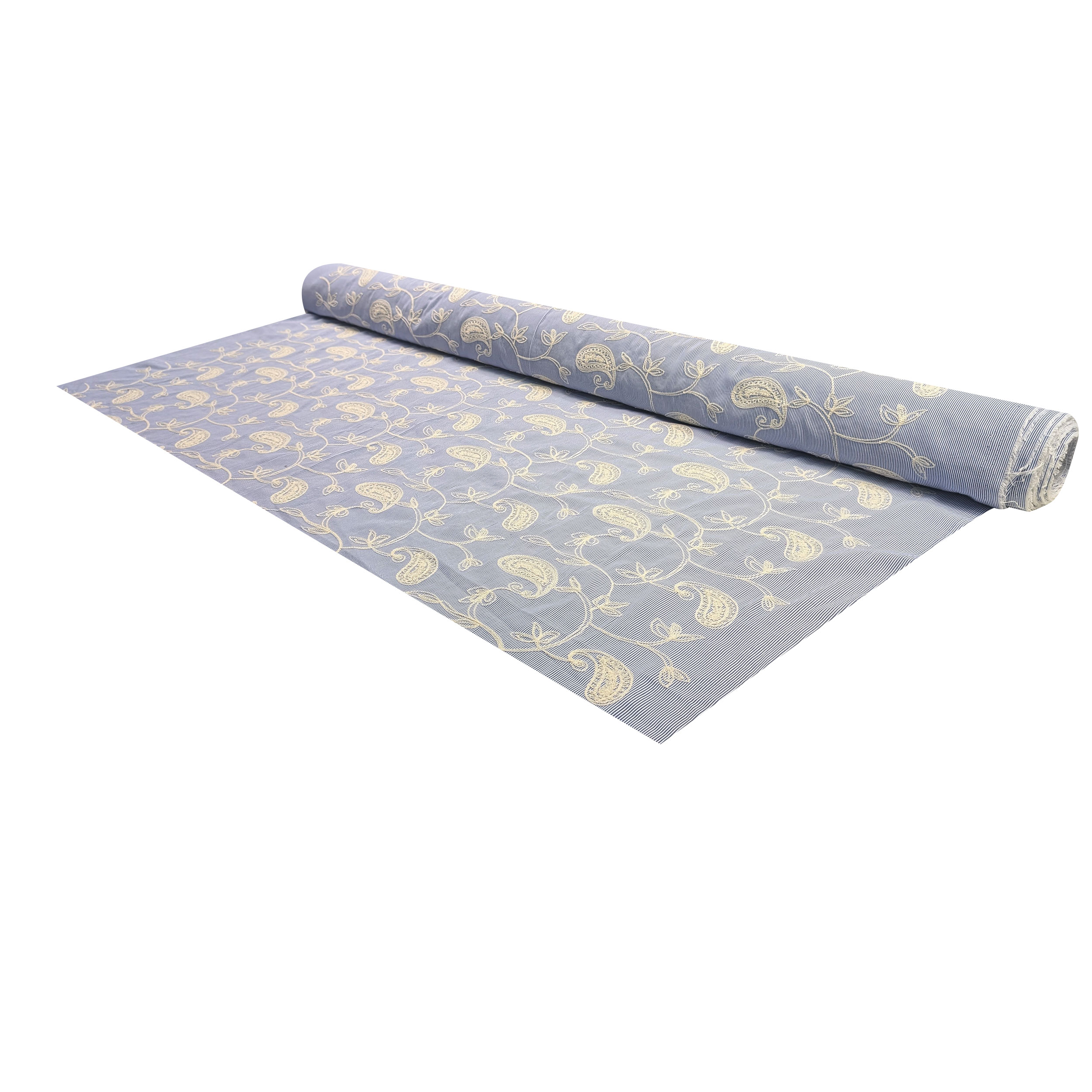 Blue Fine-Striped Cotton with Embroidered Leaves Image