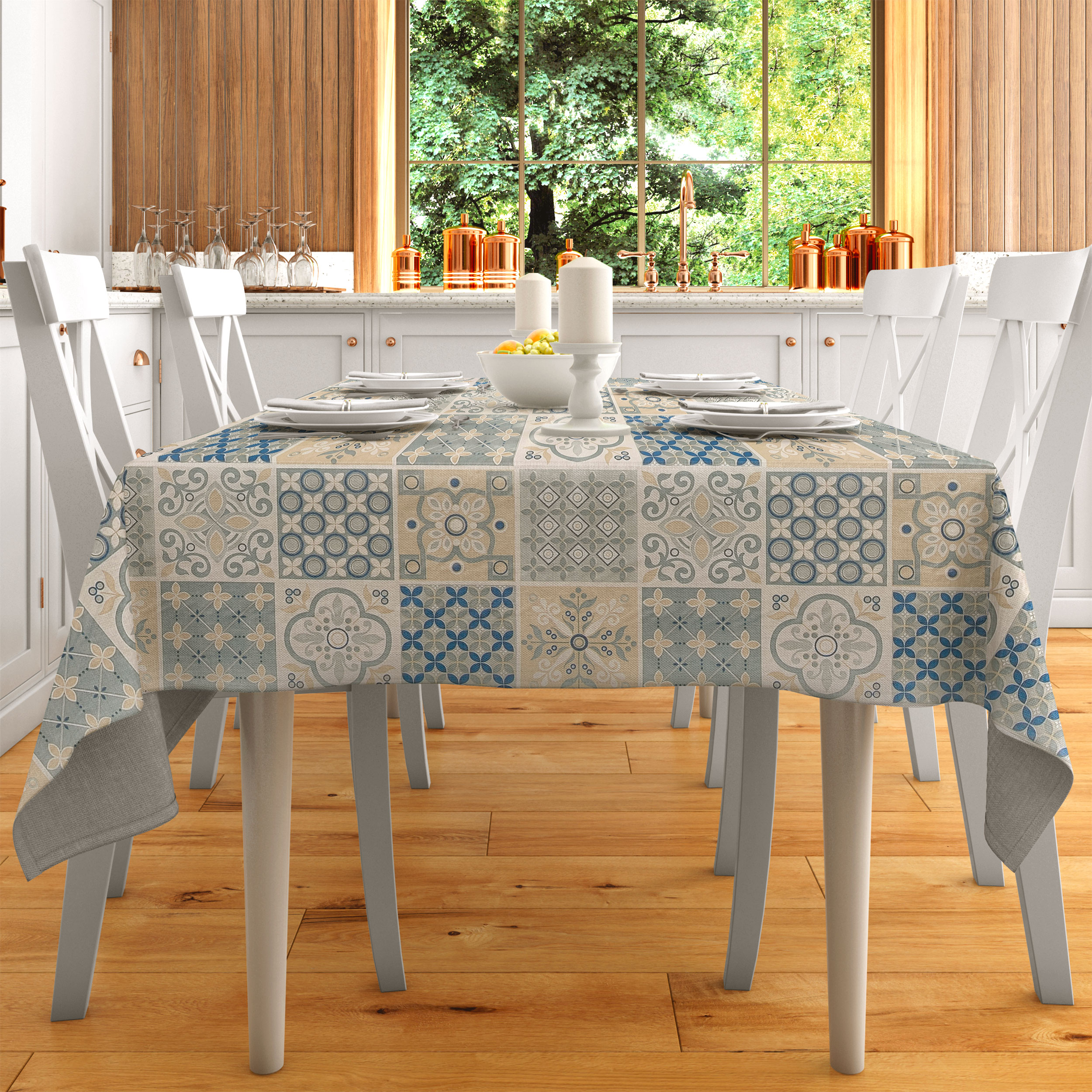 Plastic-coated Tablecloth Fabric Blue and Beige Floral Tiles Image