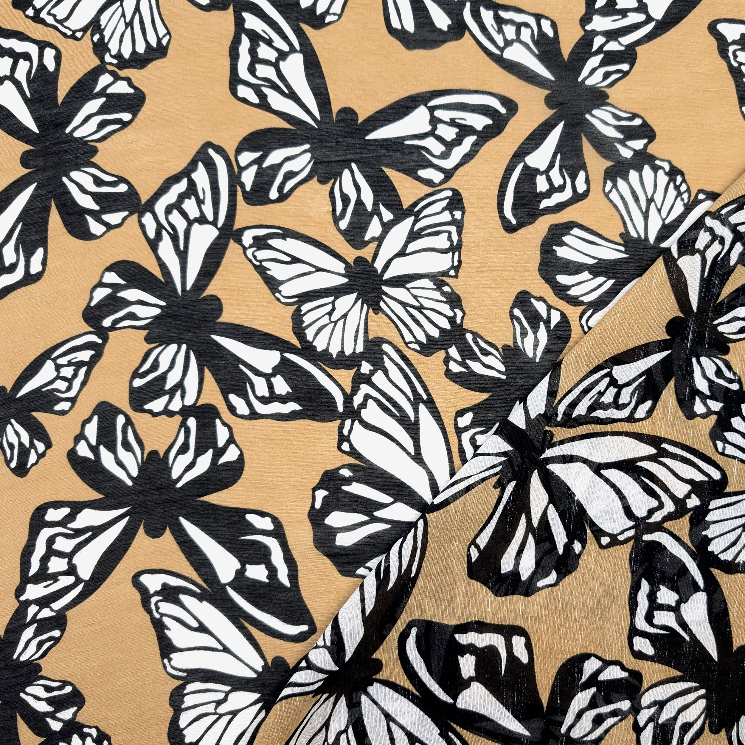 Viscose Silk Linen with Black and White Butterflies Image