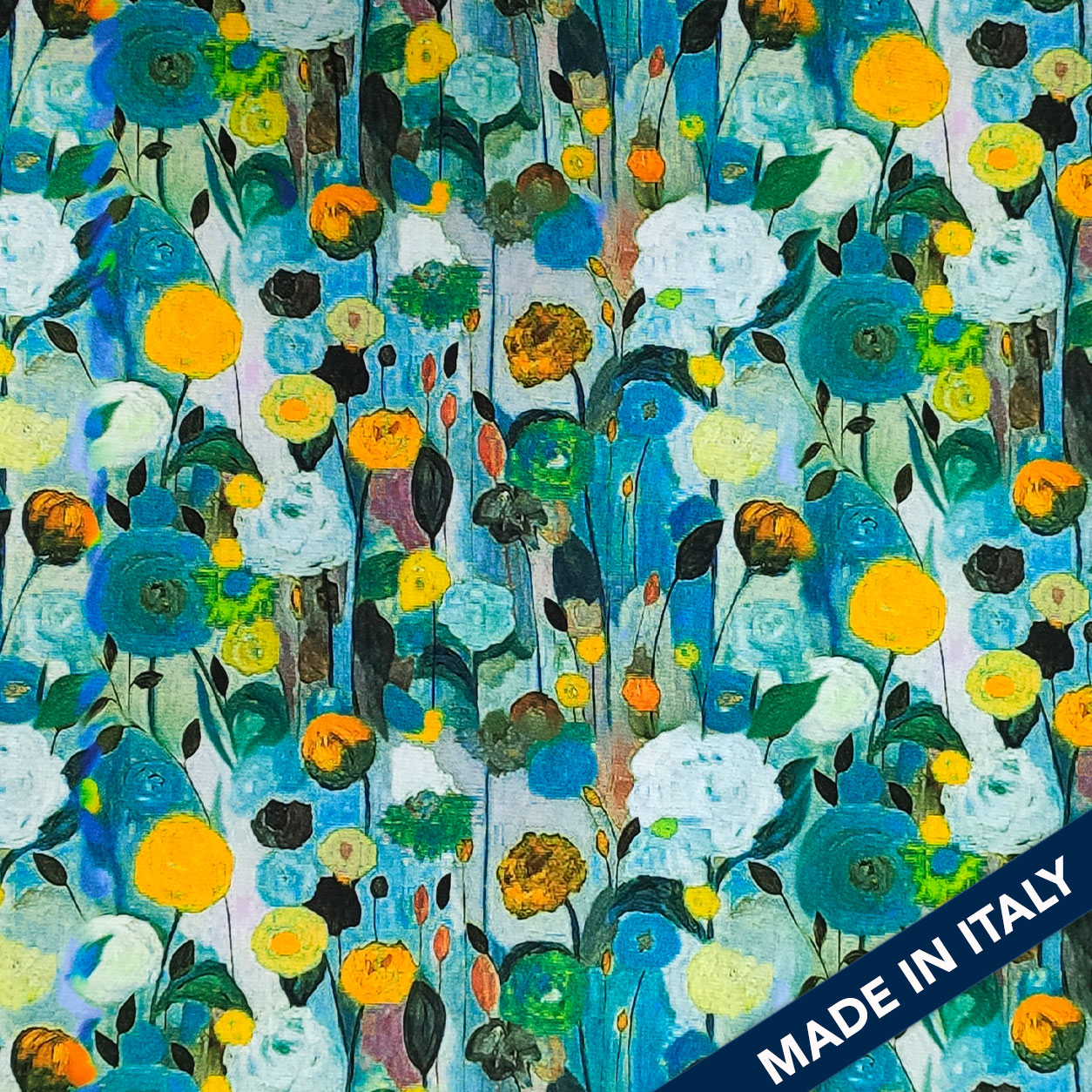 Point de Jersey Milan Fleurs Fond Impressionniste Bleu