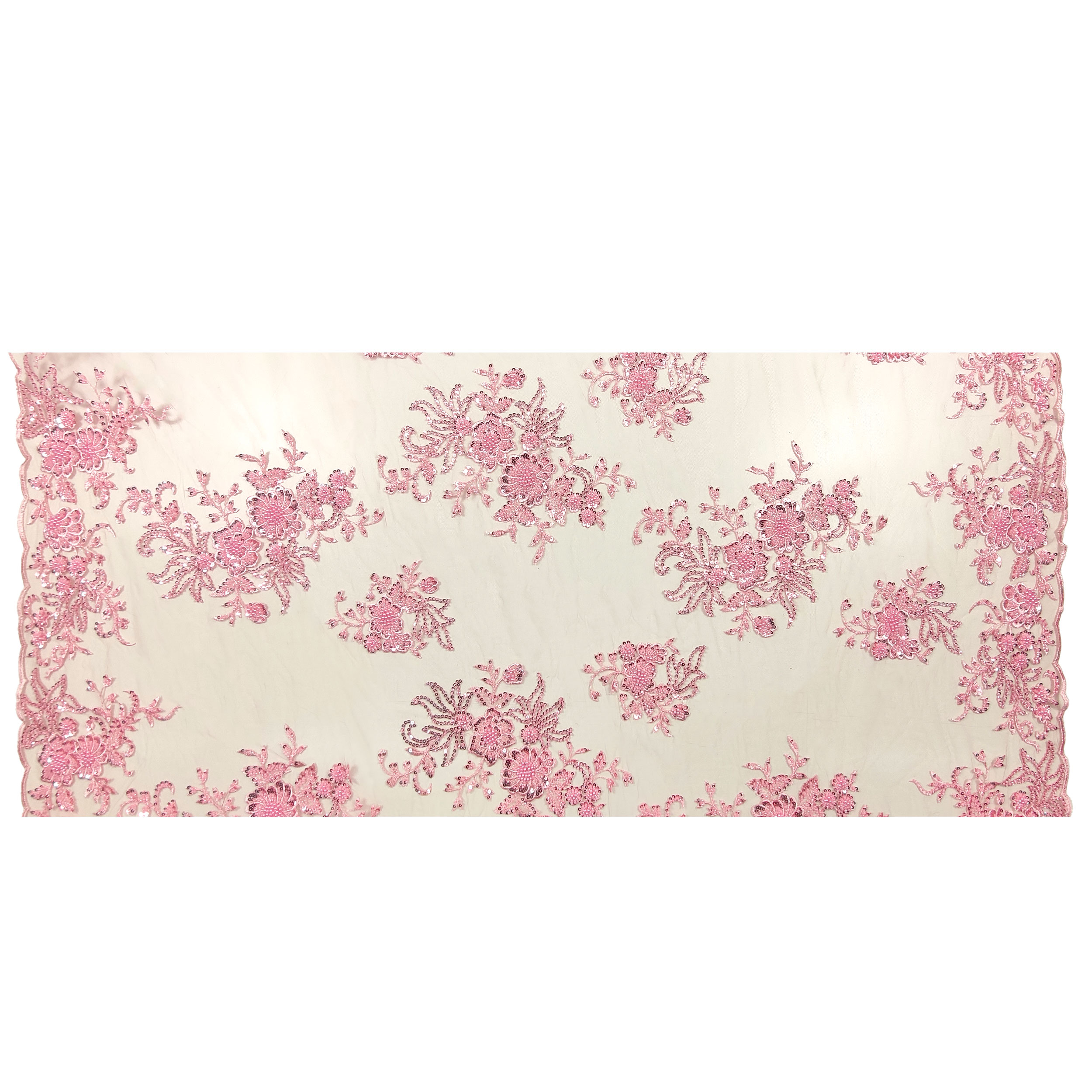 Floral Double Edge Beaded Tulle Lace - Pink 