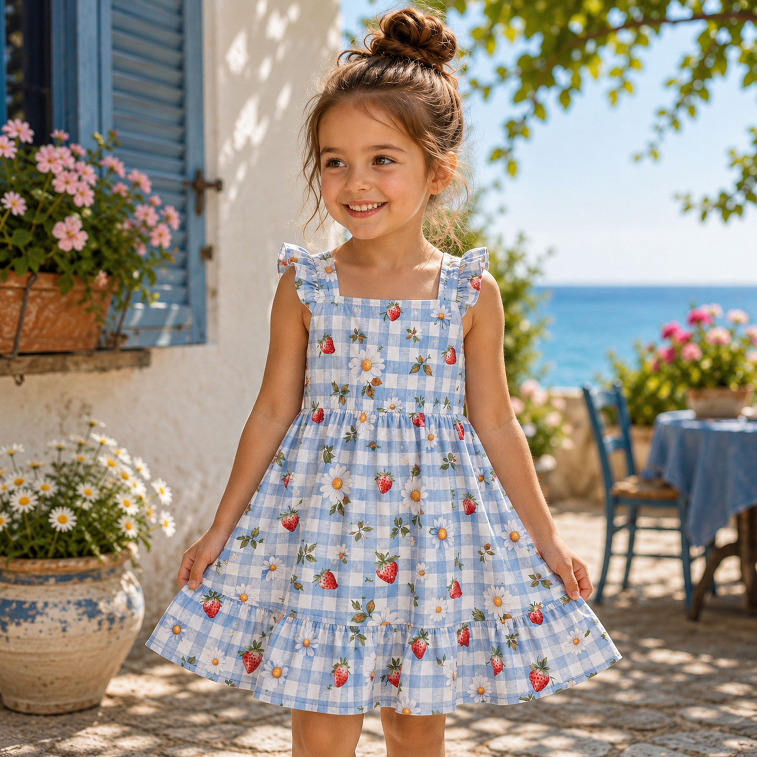 Light Blue and Strawberry Check Cotton Poplin Image