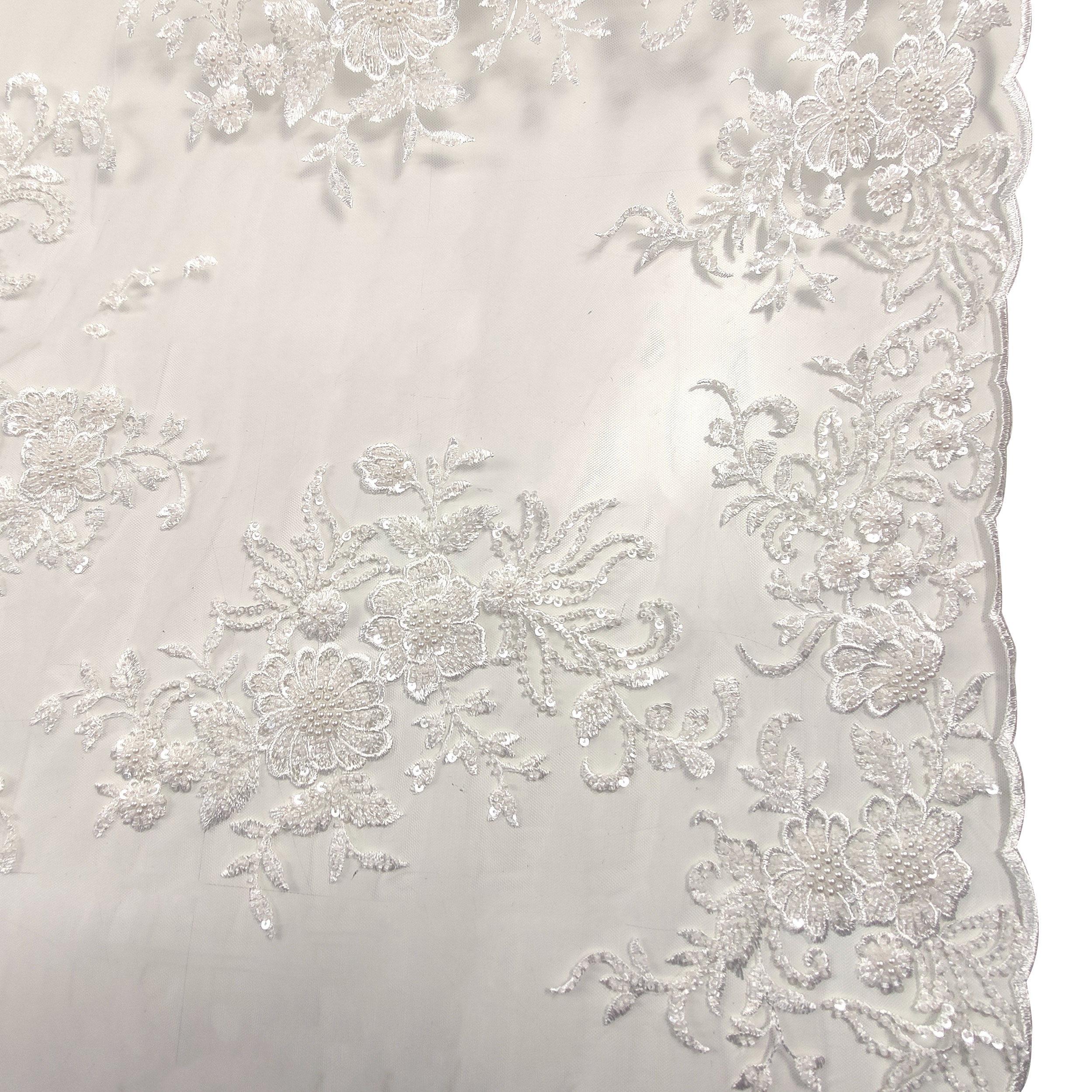 Floral Double Edge Beaded Tulle Lace - White  Image