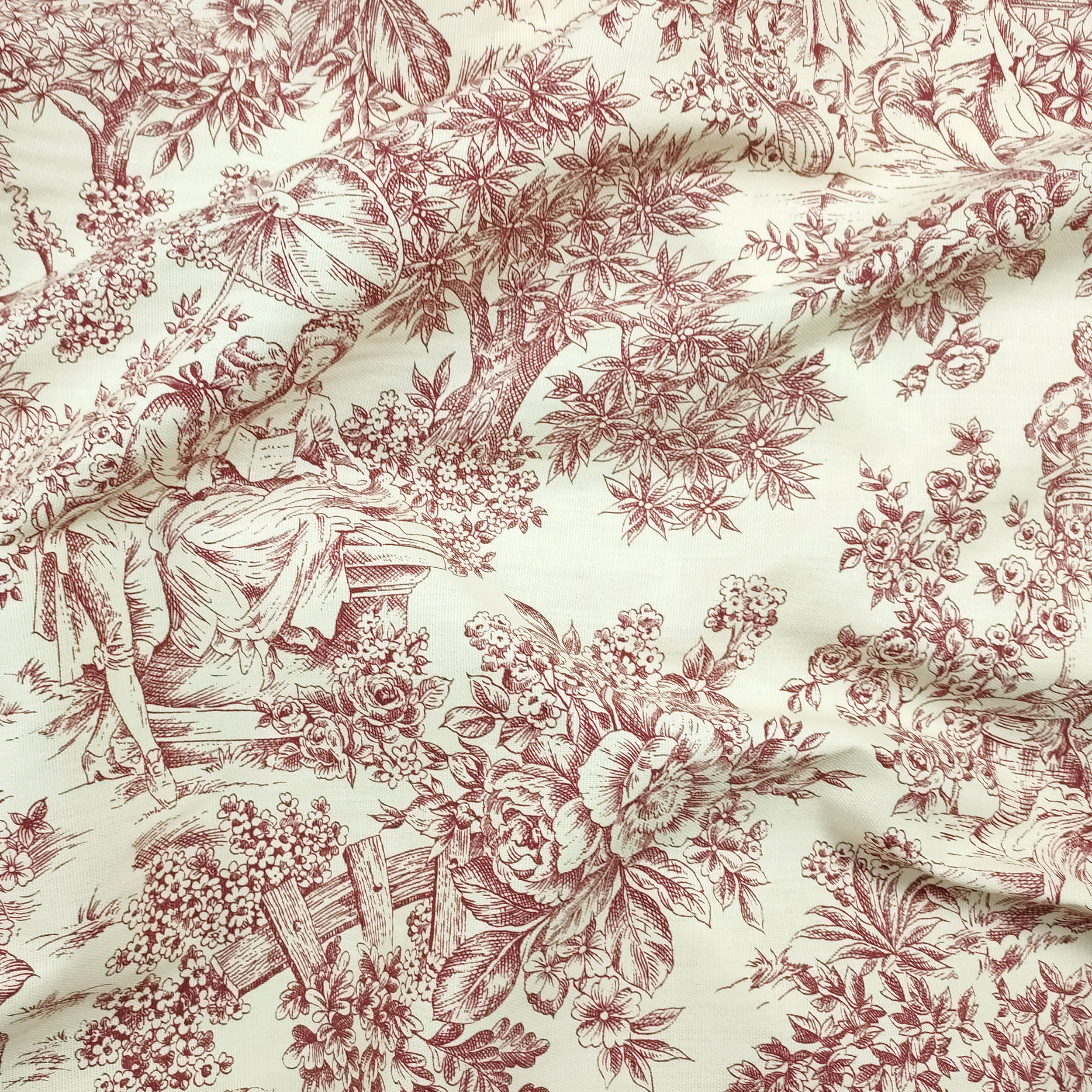 Panama Fabric Toile De Jouy Rouge Crème Fond
