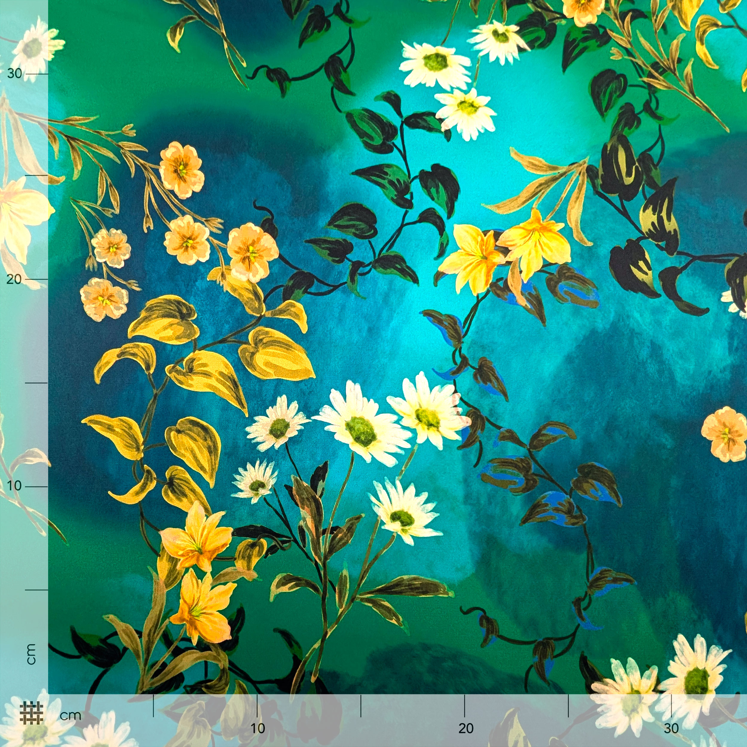 Cutout with Flowers on Blue Green Background 70x145 cm Image