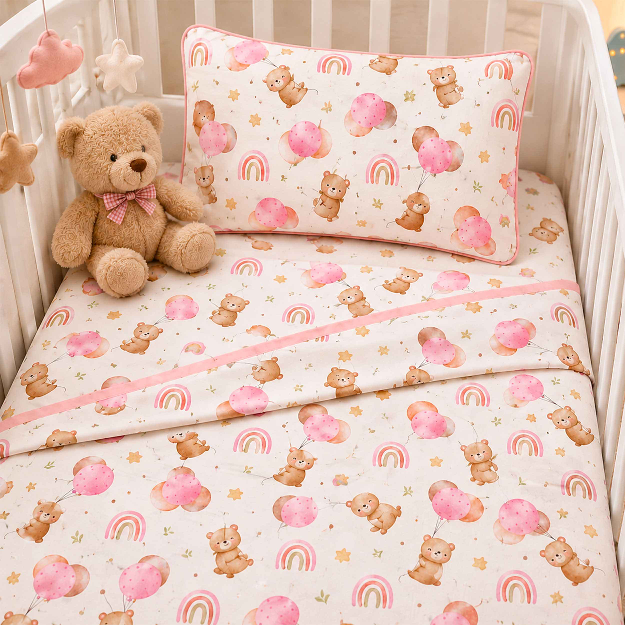 Pink Bears and Balloons Percale Cotton Image