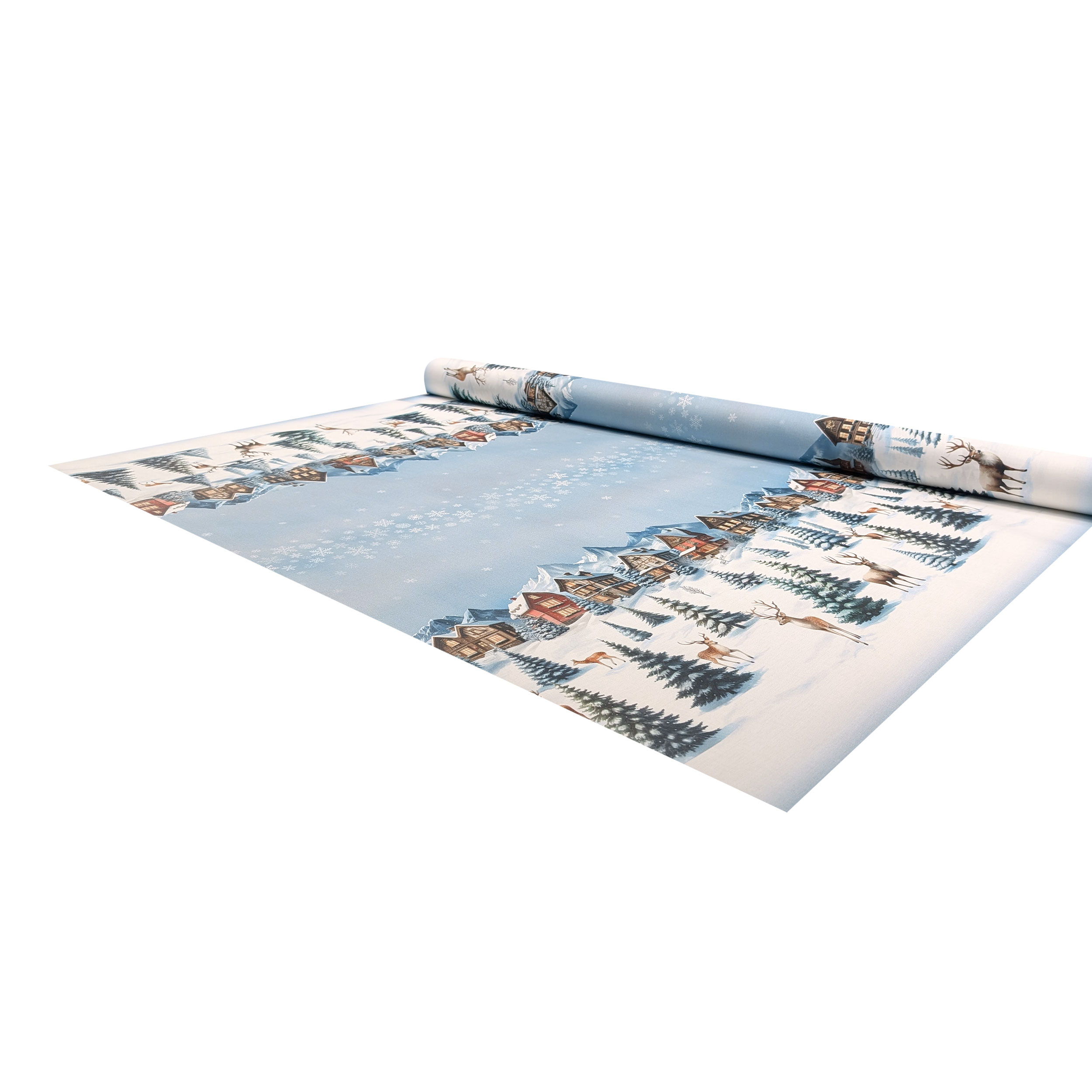 Resin Tablecloth Fabric with Snow Village Border Image