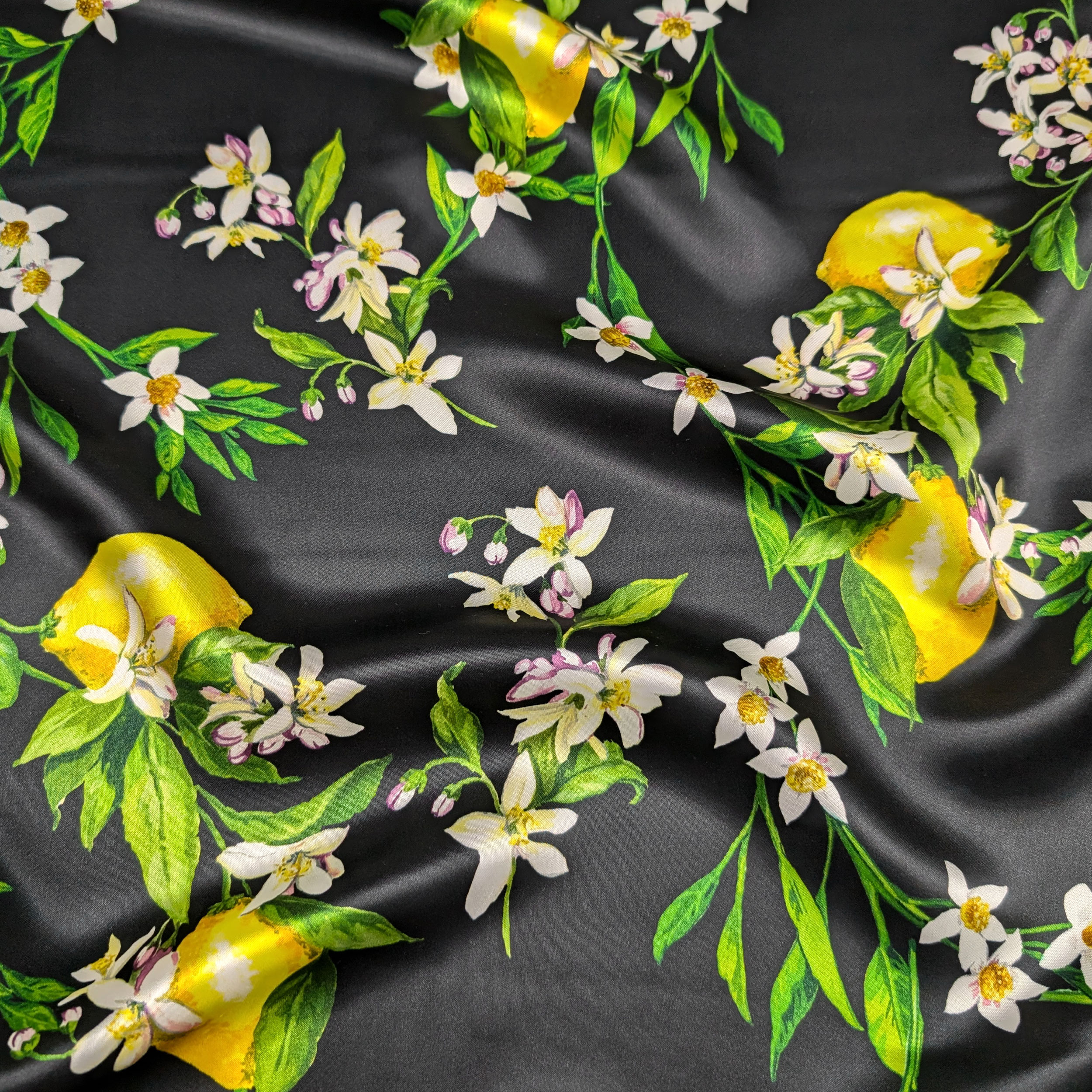 Satin Silk Viscose Natural Black Flowers and Lemons Image