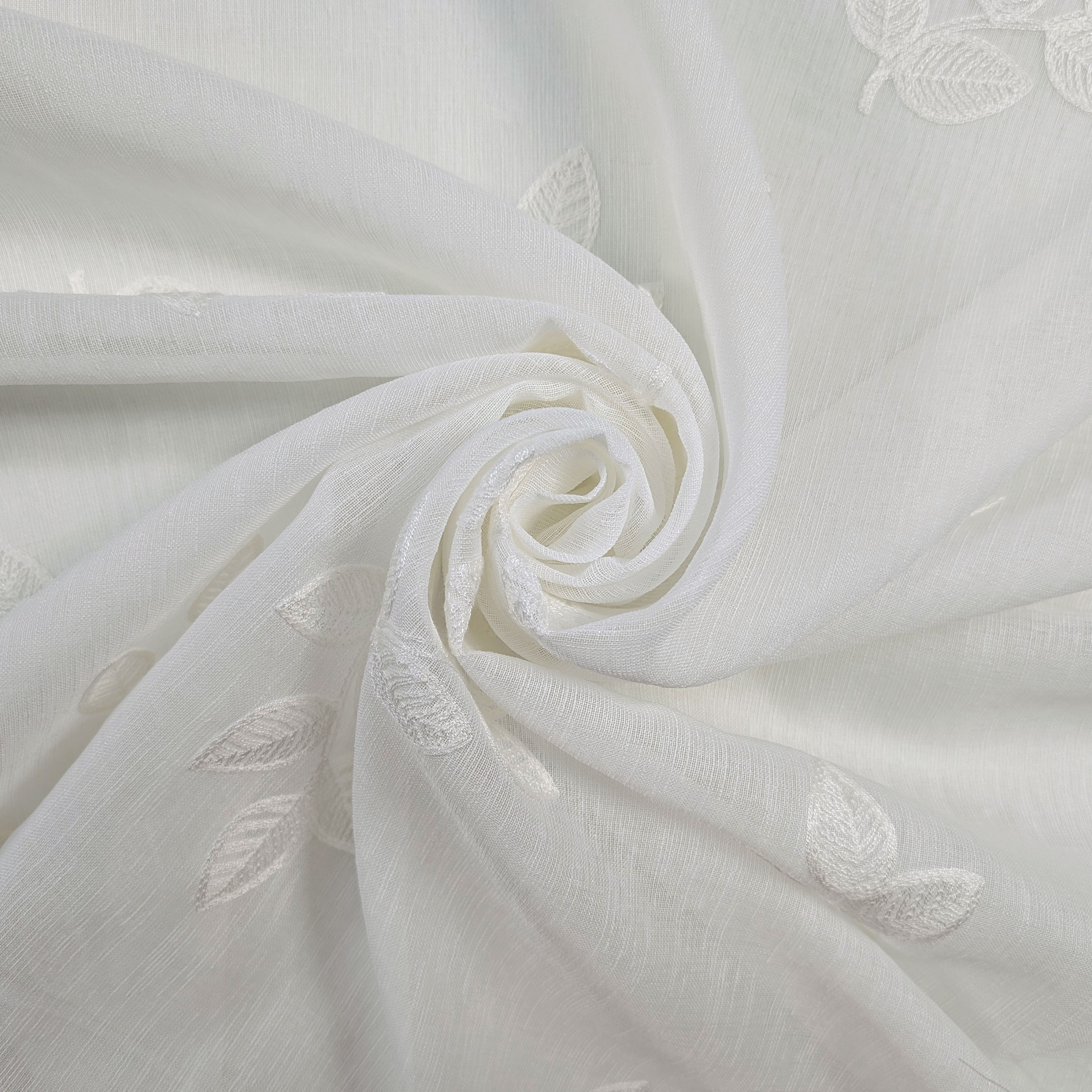 Embroidered Leaf Curtain Fabric White Image