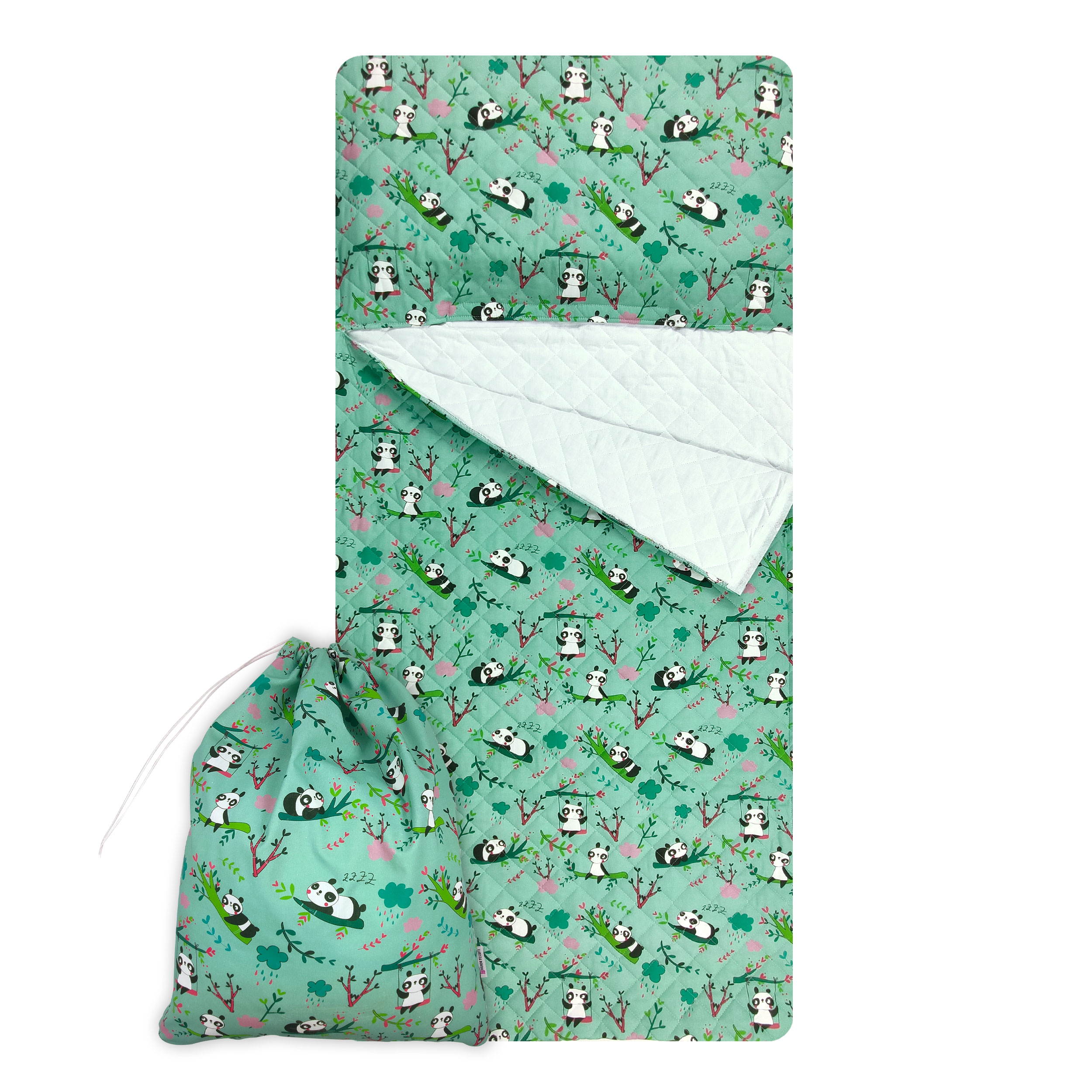 Sac de couchage à motif de panda fond vert menthe - Panini Fabrics Image