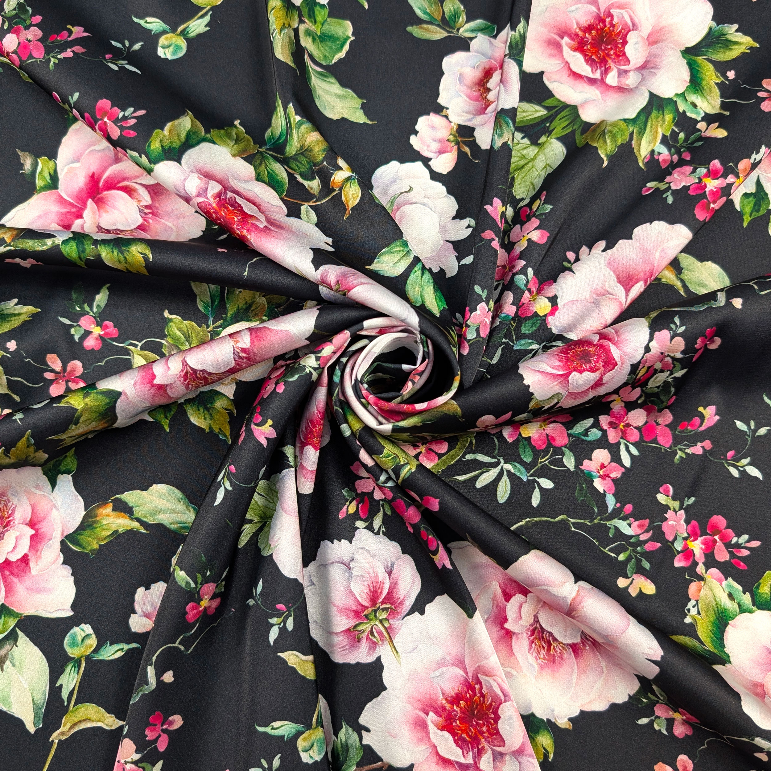 Satin Set High Fashion Pink Flowers Black Background Image