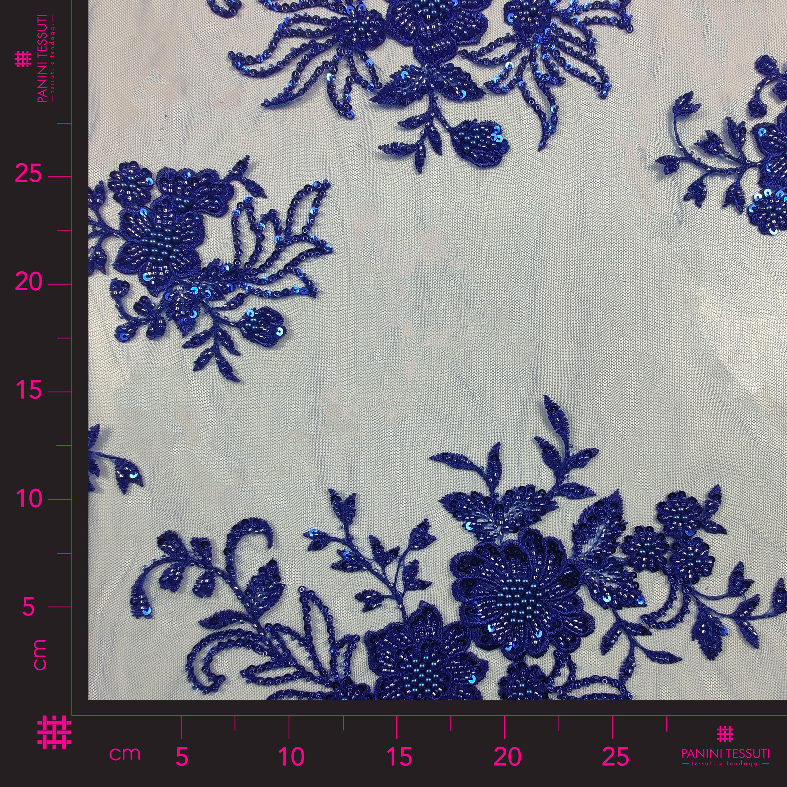 Floral Double Edge Beaded Tulle Lace - Cornflower Blue 