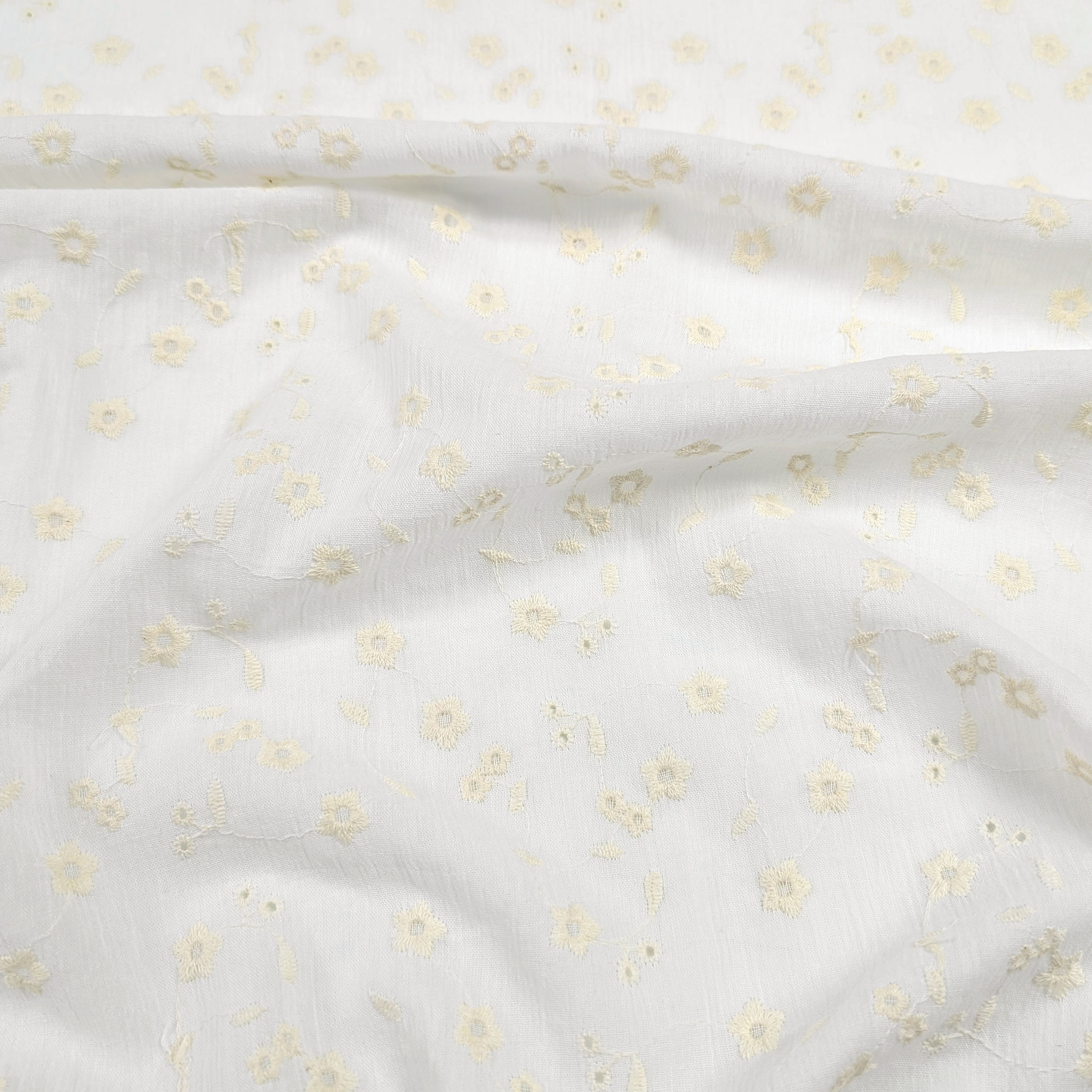 White Cotton Muslin with Cream Flowers Image