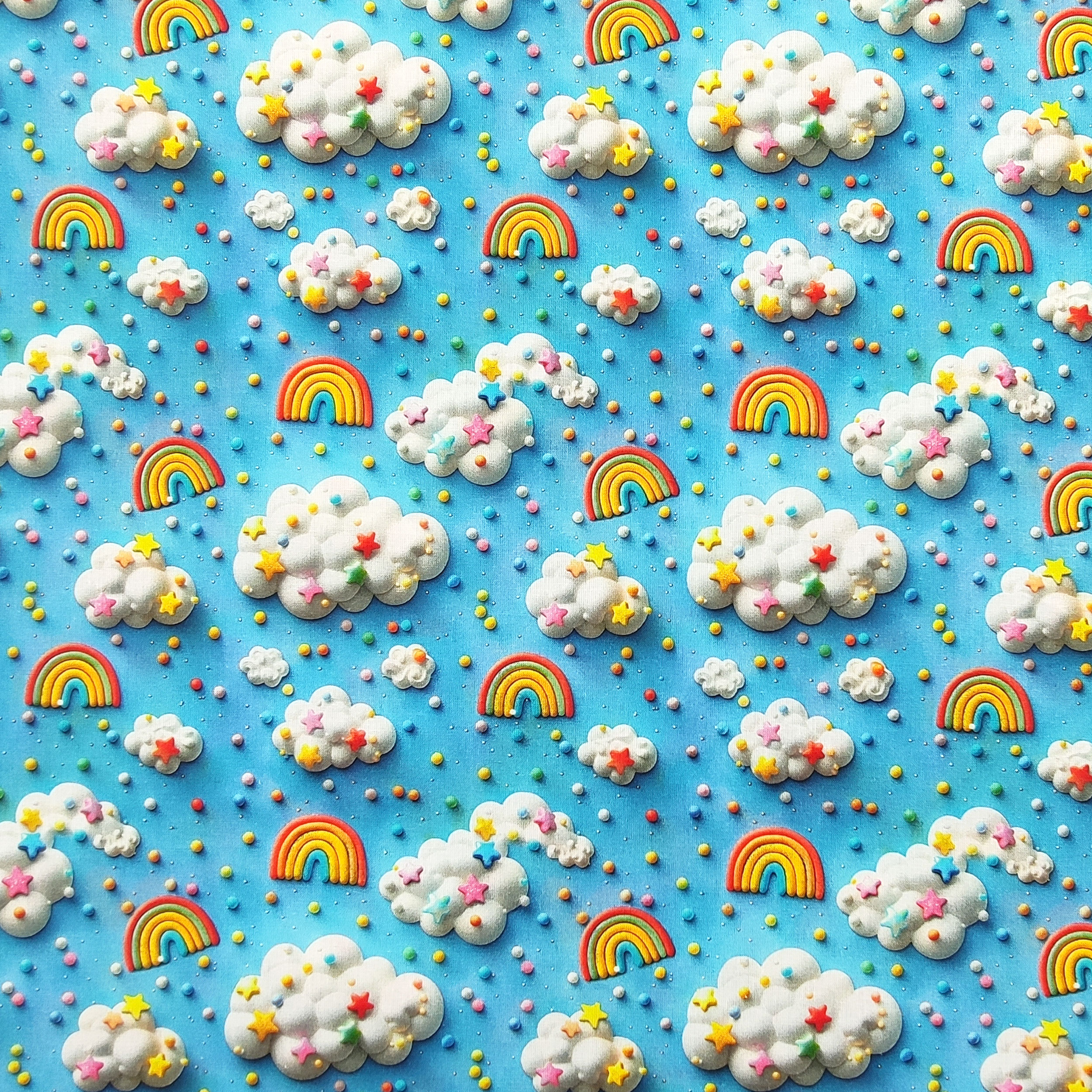Cotton Digital Rainbows and Clouds Blue Background