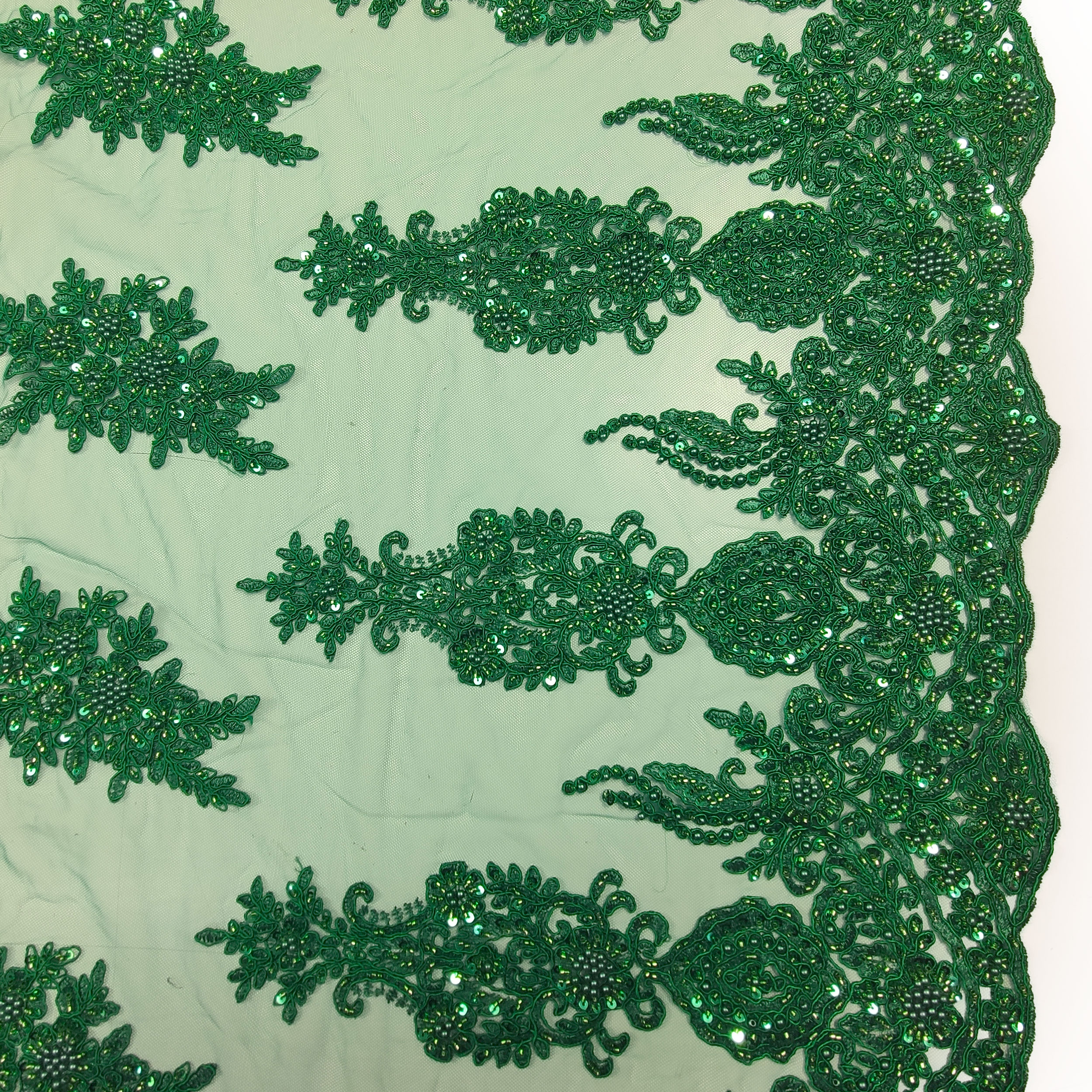 High Fashion Beaded Double Edge Floral Lace - Emerald 