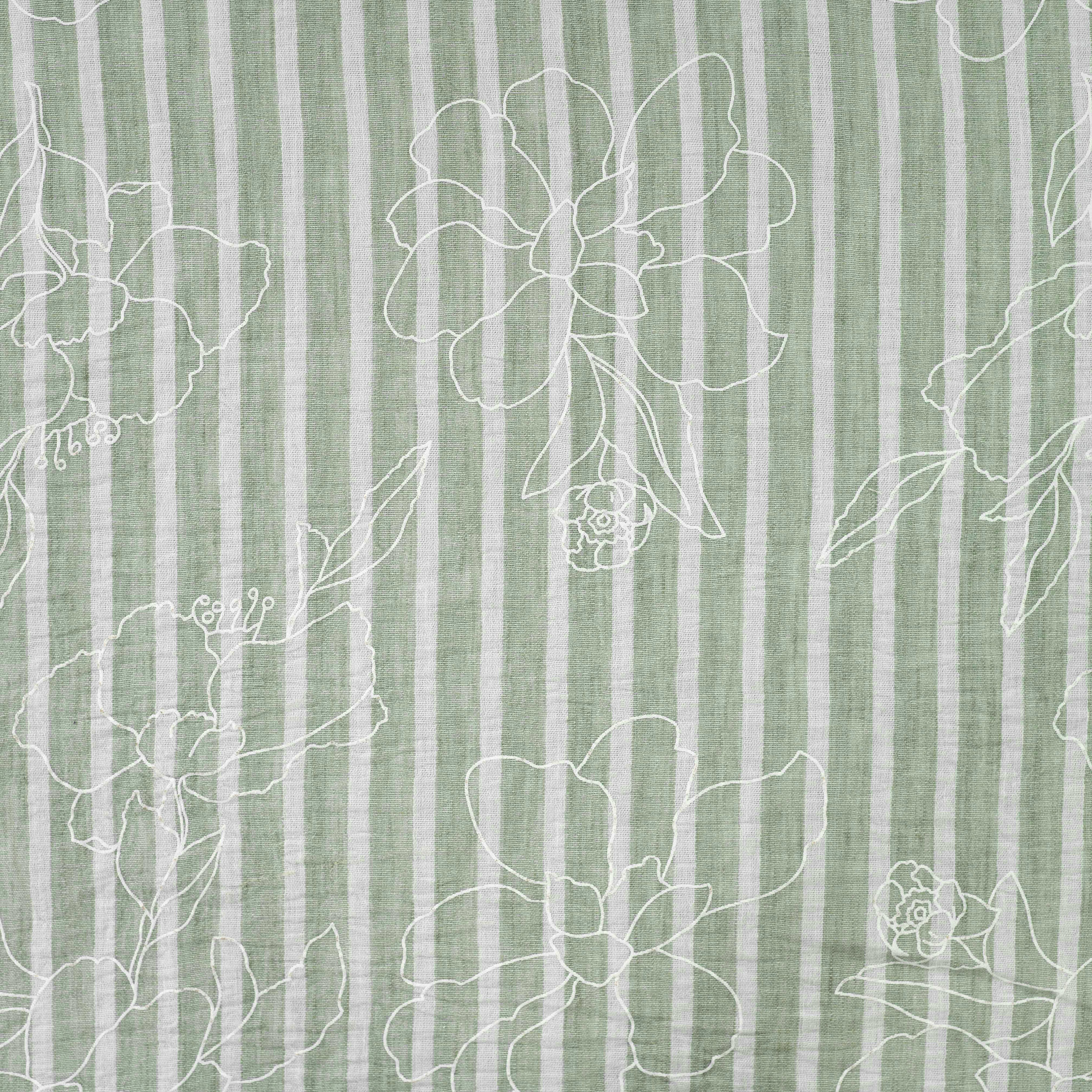 Mixed Linen Green and White Stripes with Flowers Image
