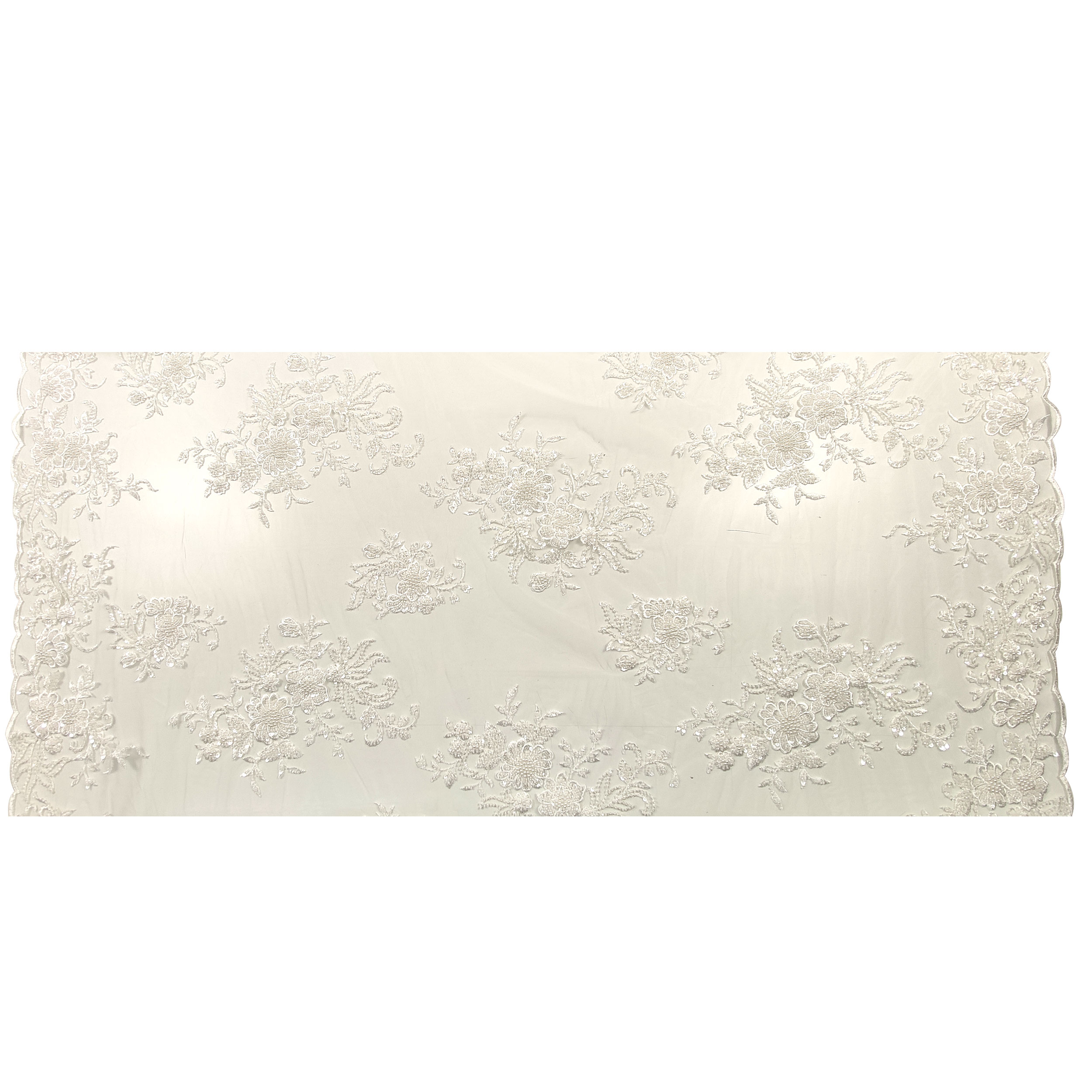 Floral Double Edge Beaded Tulle Lace - White  Image
