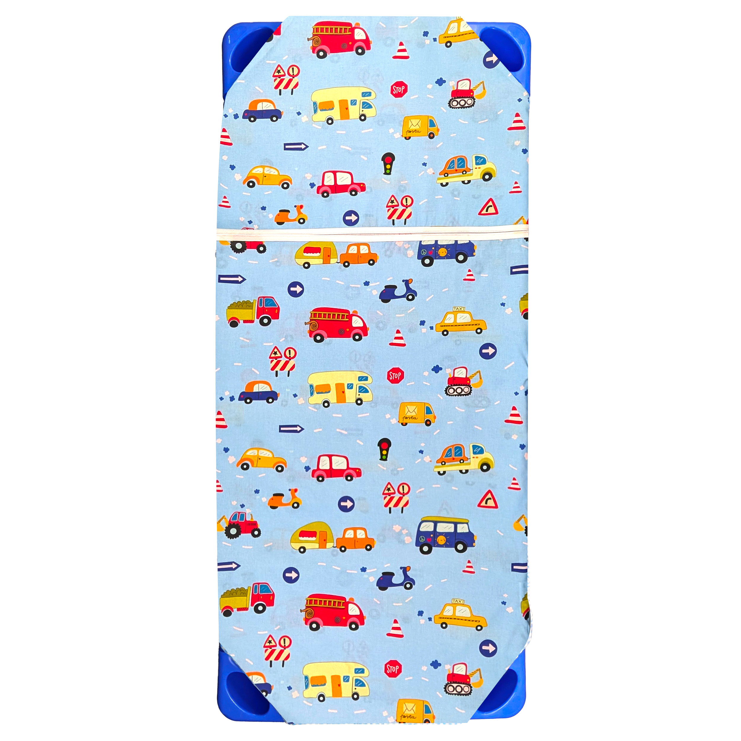 Contoured Summer Sleeping Bag for Camp Beds and Toy Cars – Light Blue Background Image