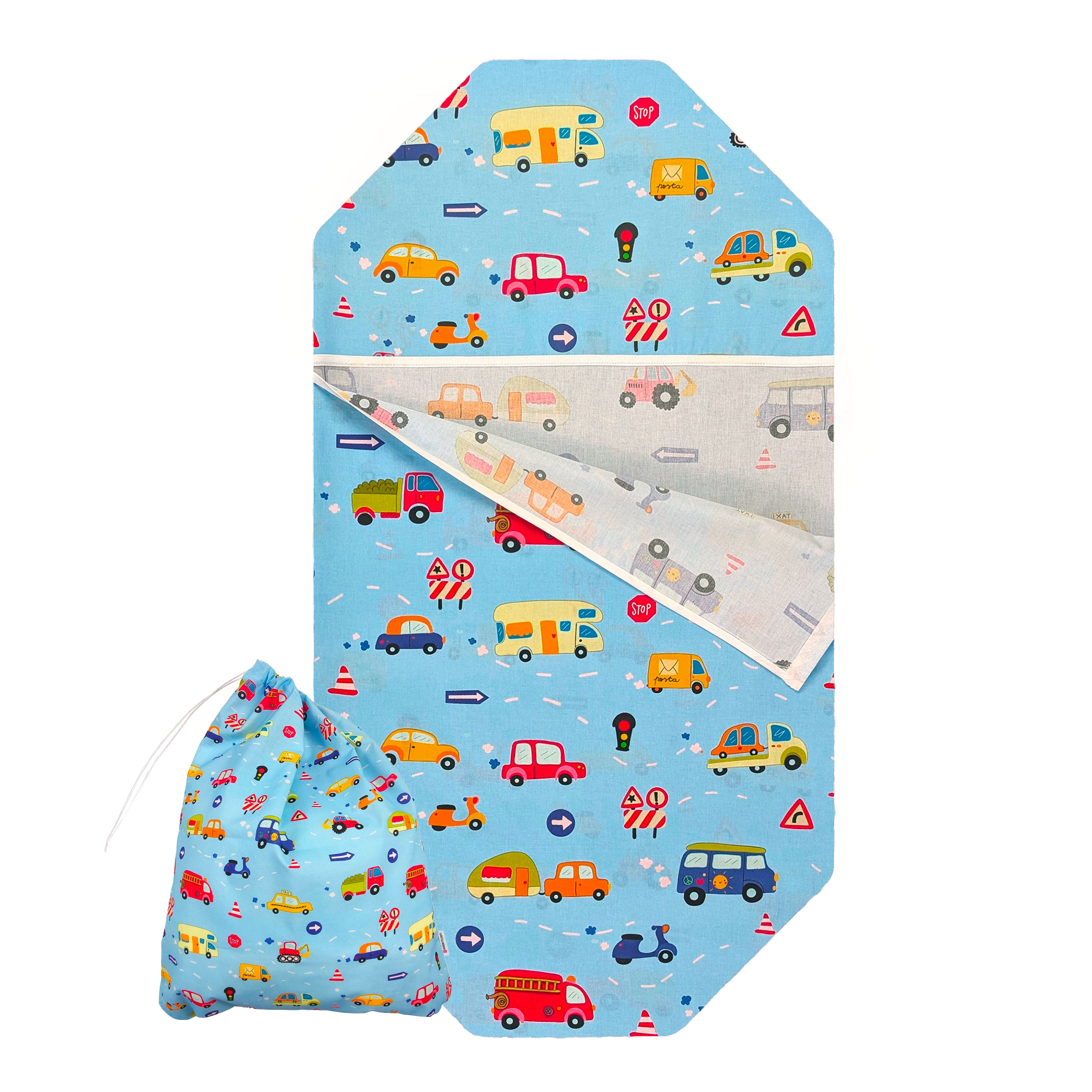 Contoured Summer Sleeping Bag for Camp Beds and Toy Cars – Light Blue Background Image