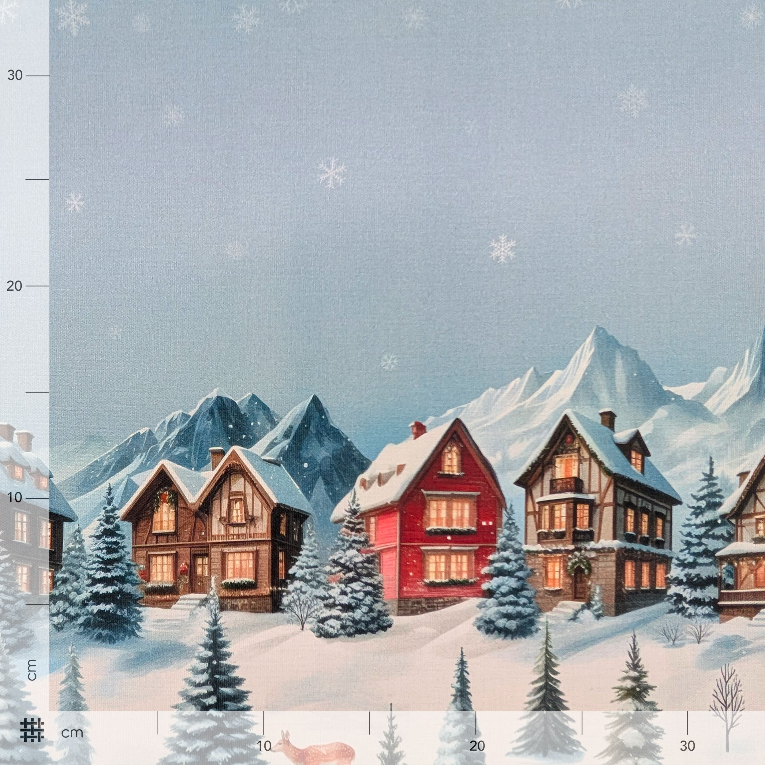 Resin Tablecloth Fabric with Snow Village Border Image