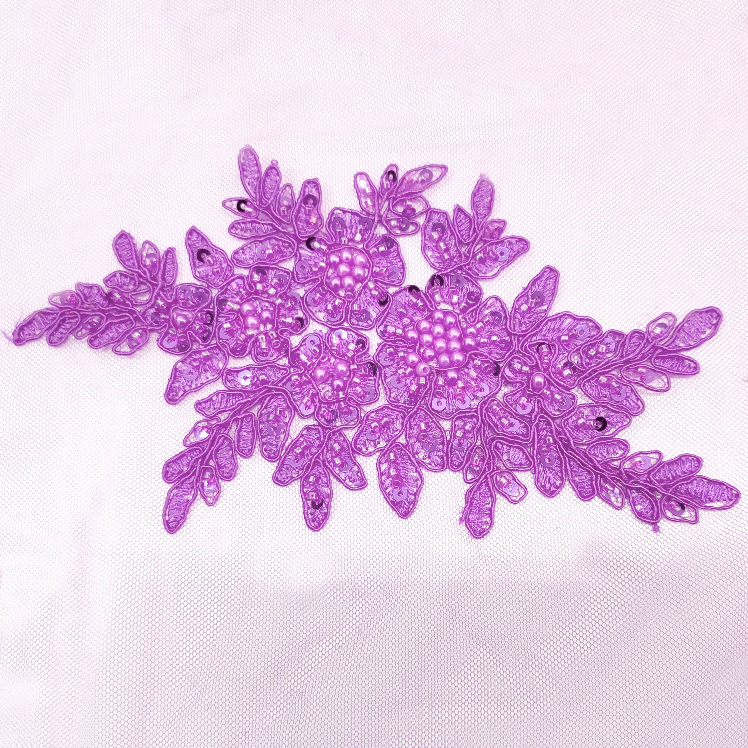 High Fashion Beaded Double Edge Floral Lace - Lilac