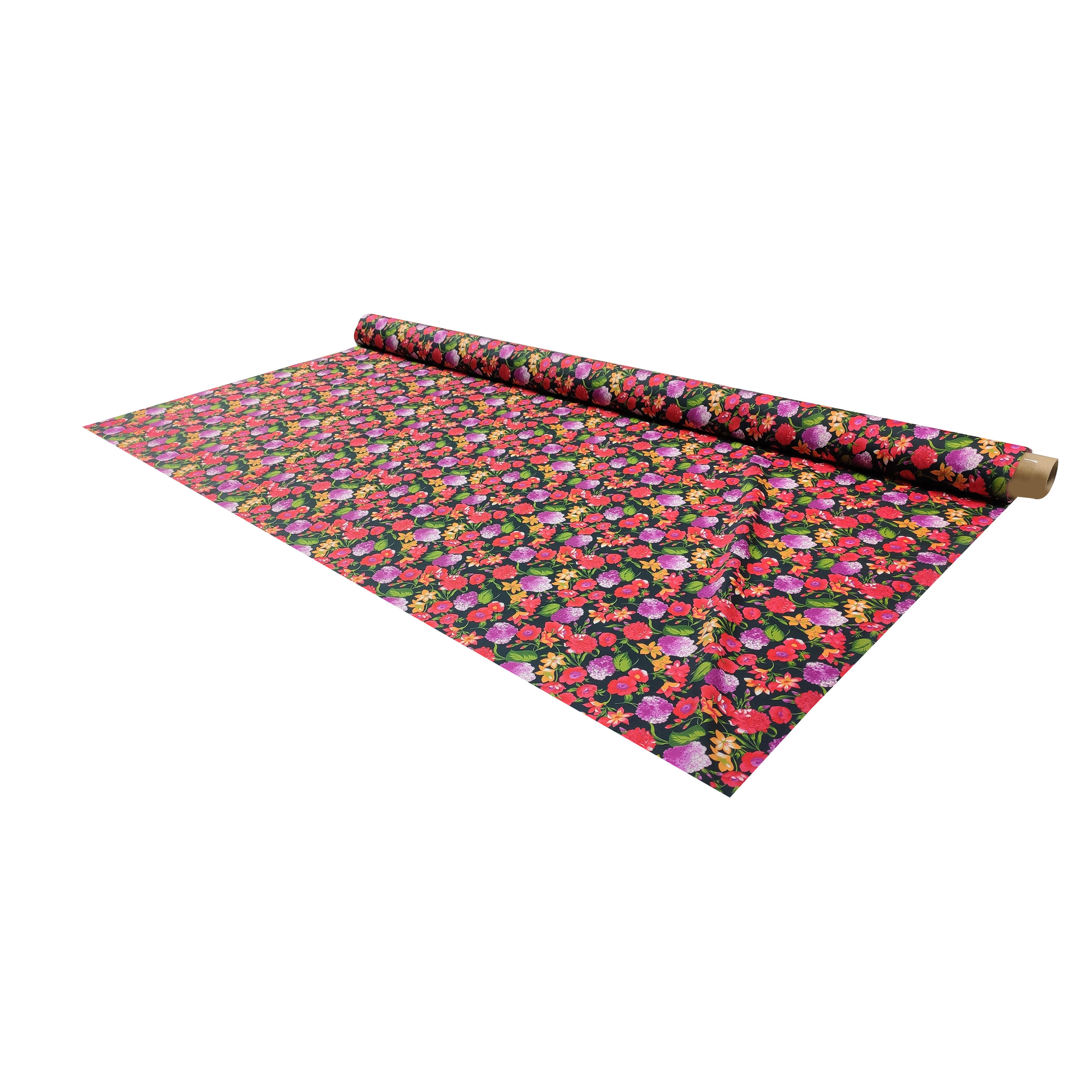 Cotton Rasatello Black Background with Red and Fuxia Flowers