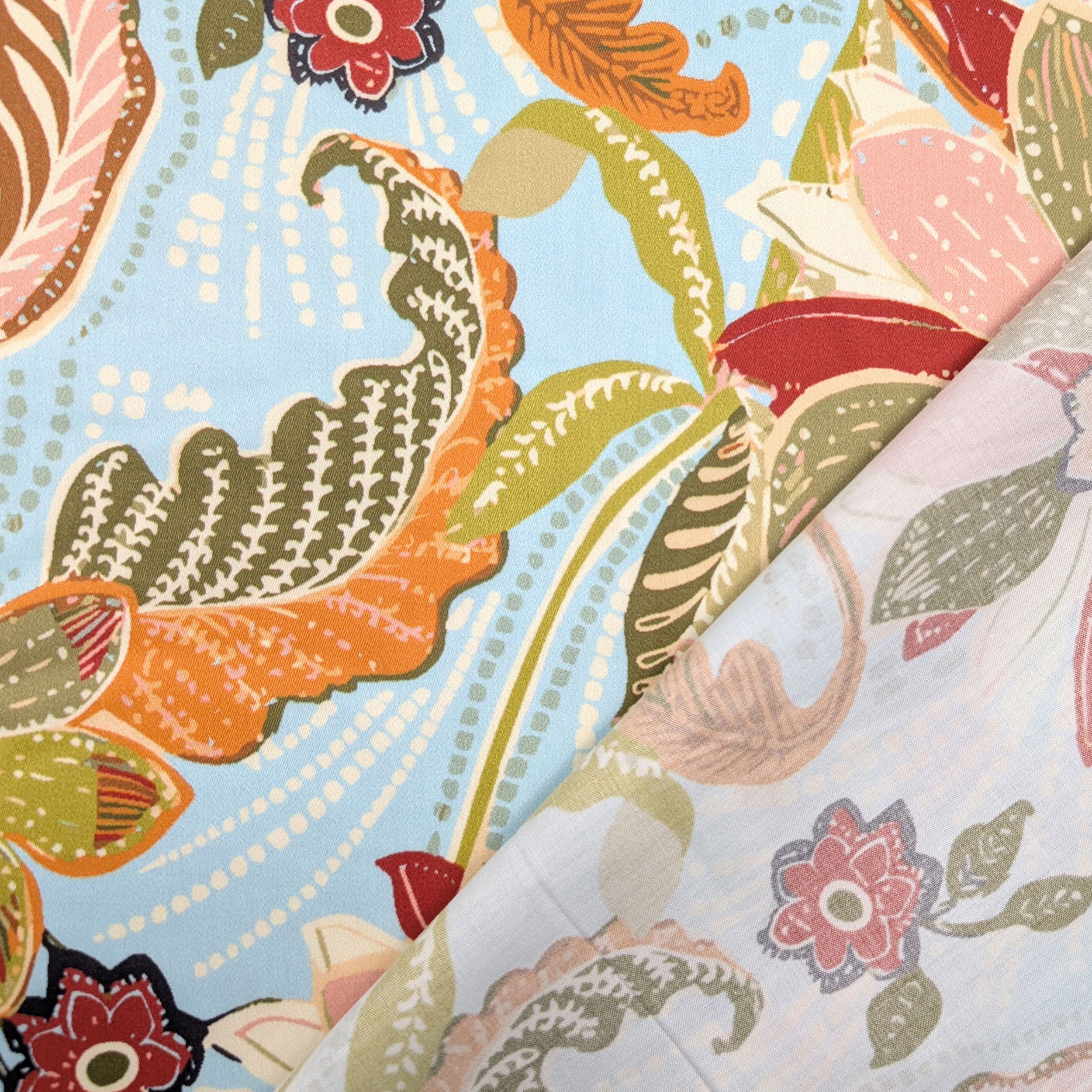 Cotton Rasatello Floral Pattern Blue Background Image