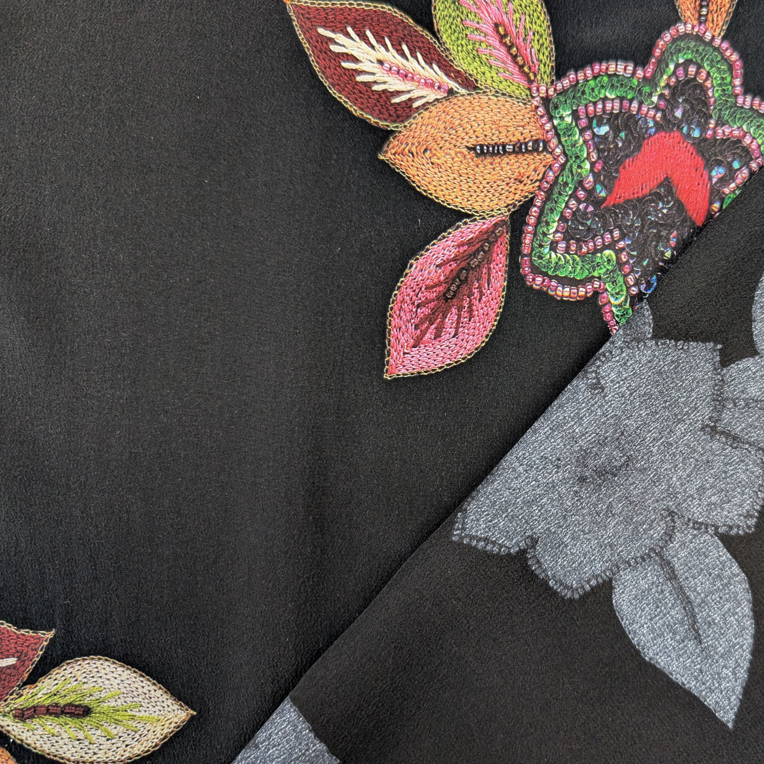 Crepe Silk High Fashion Black with Flowers Image