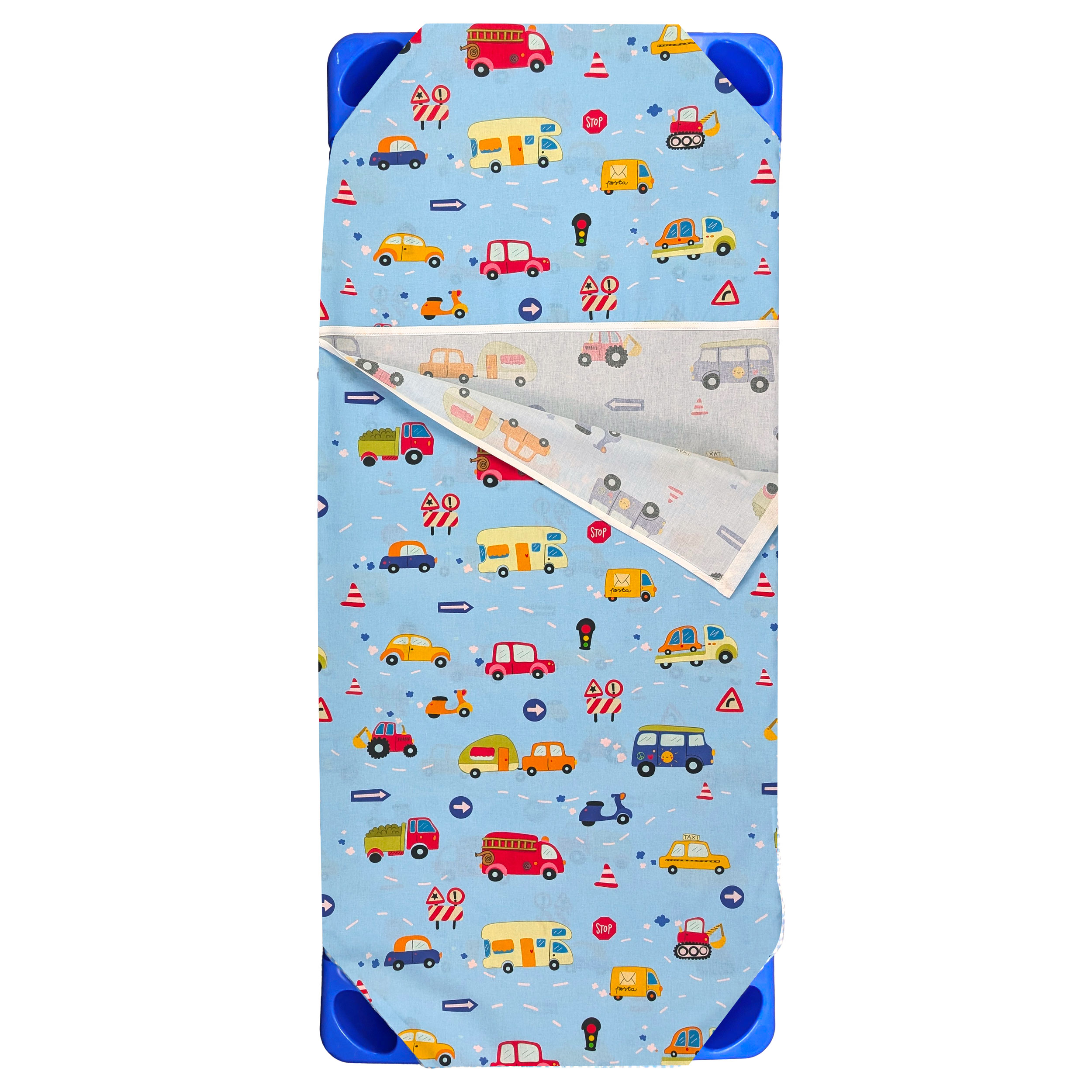 Contoured Summer Sleeping Bag for Camp Beds and Toy Cars – Light Blue Background Image