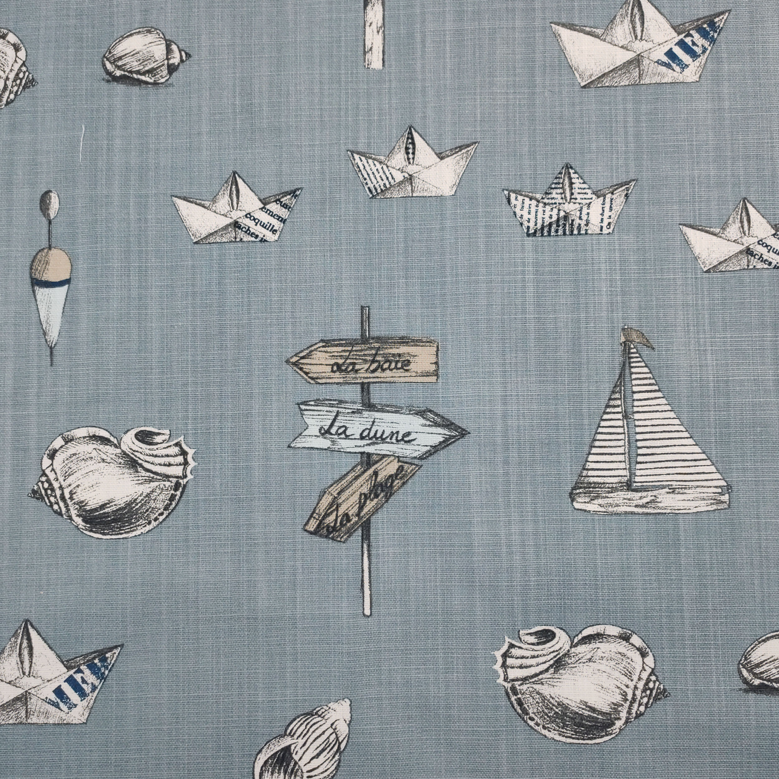 Baumwolle und Leinen Boote und Muscheln Celeste Hintergrund