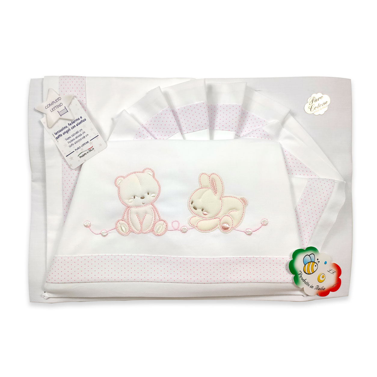 Set Lettino 3 Pezzi Macramè Rosa - Lenzuolo Sopra 115x165cm, Sotto 68x130cm + Federa 52x40cm - Foto 3