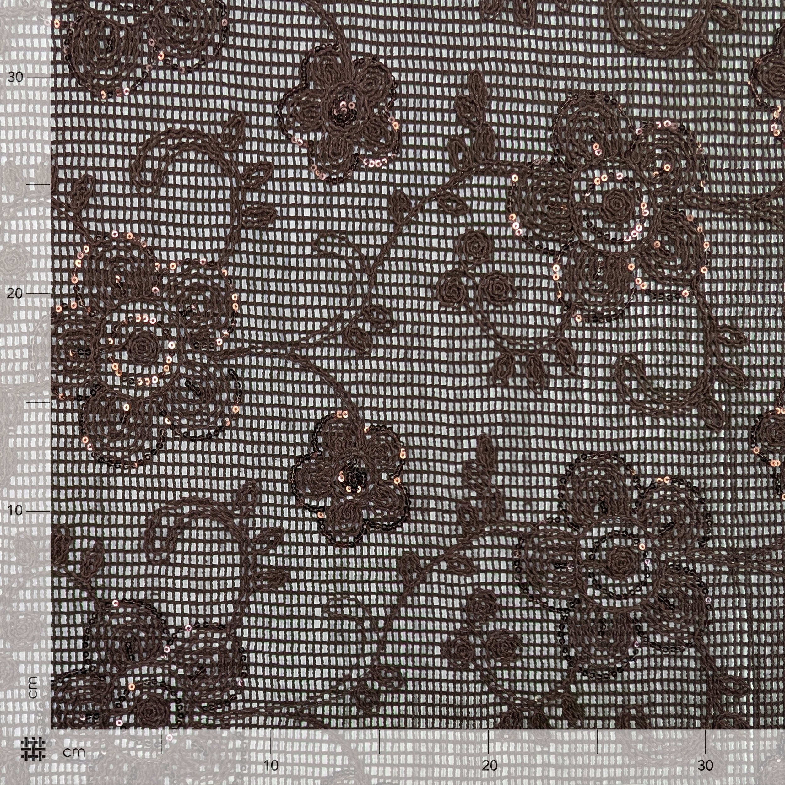 Embroidery On Mesh Brown Flowers With Sequins Image