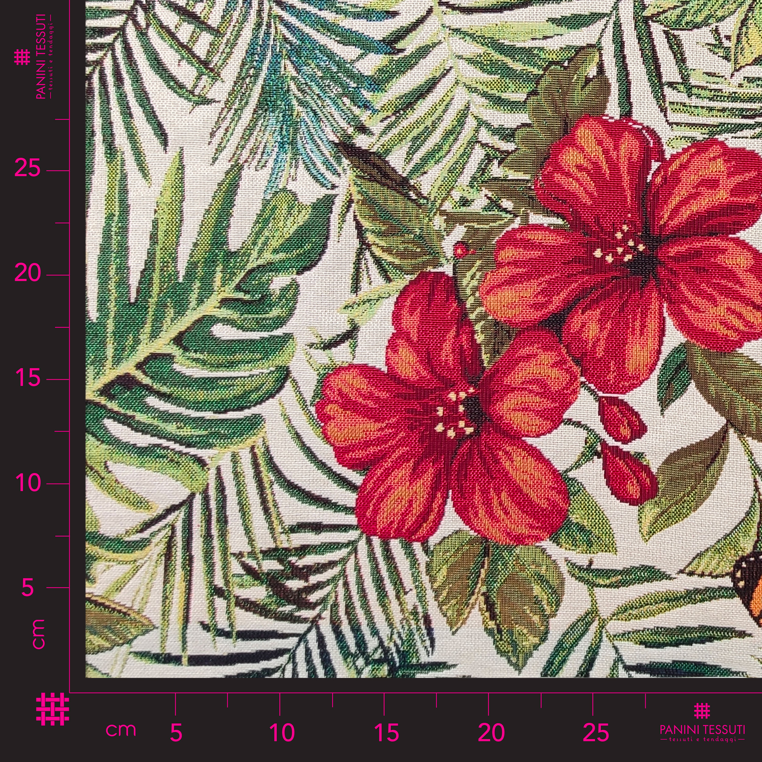Tela de gobelino con estampado de flores tropicales