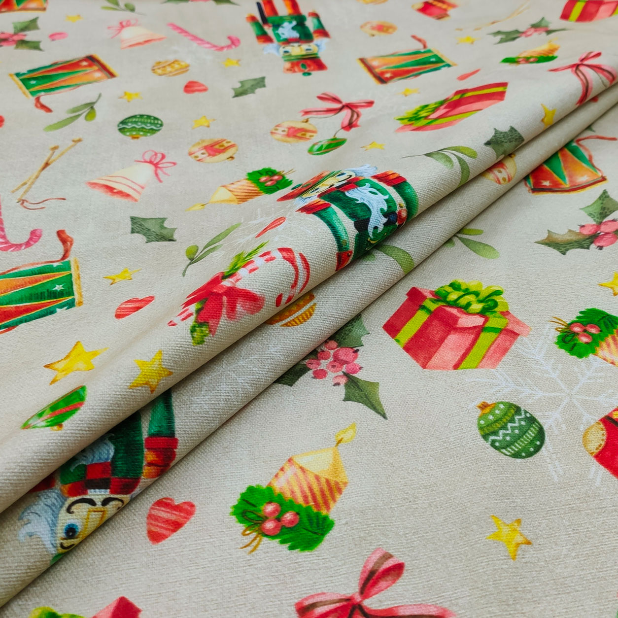 Tissu coton Panama Casse-noisette et boules de Noël Image
