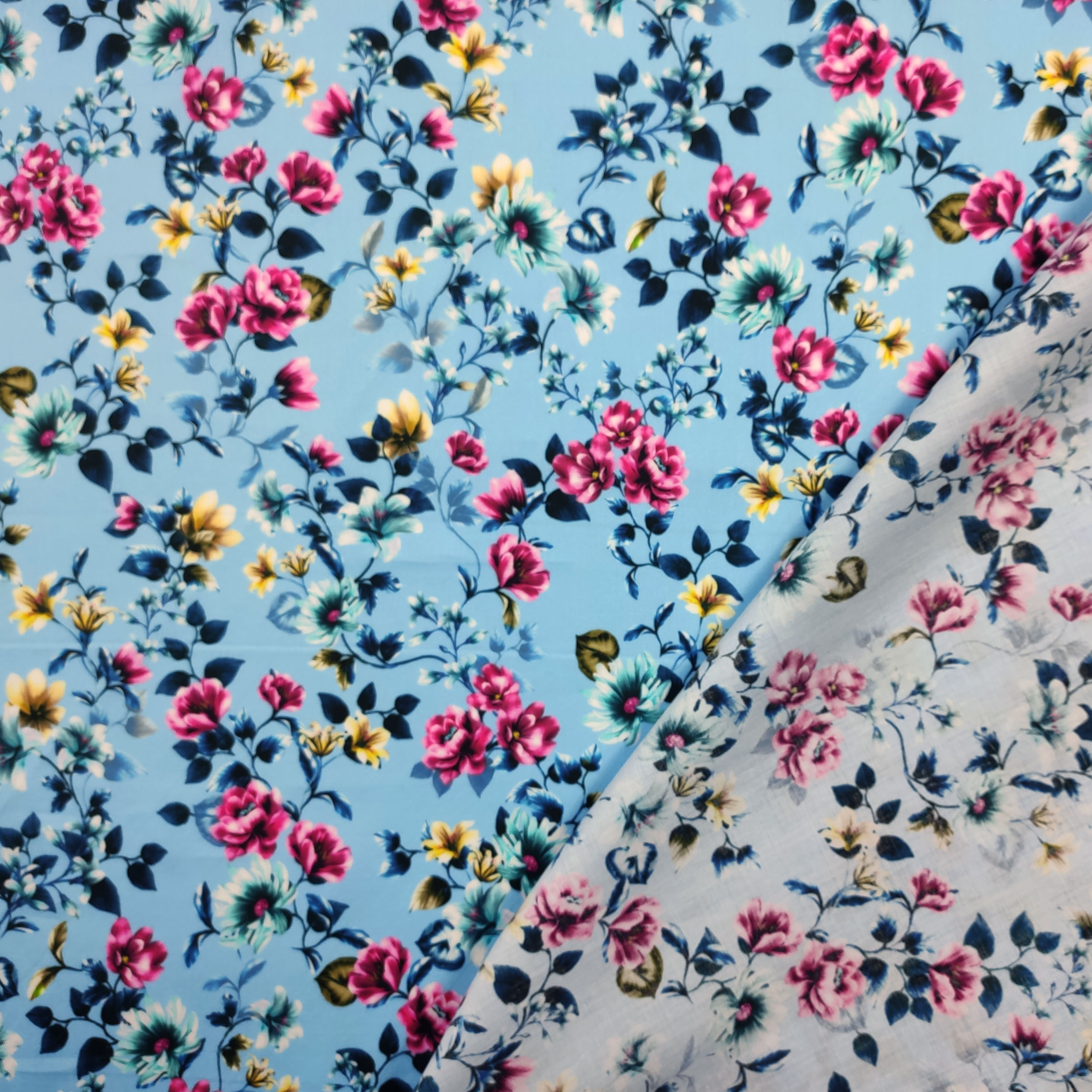 Cotton Rasatello Blue Background with Flowers Image