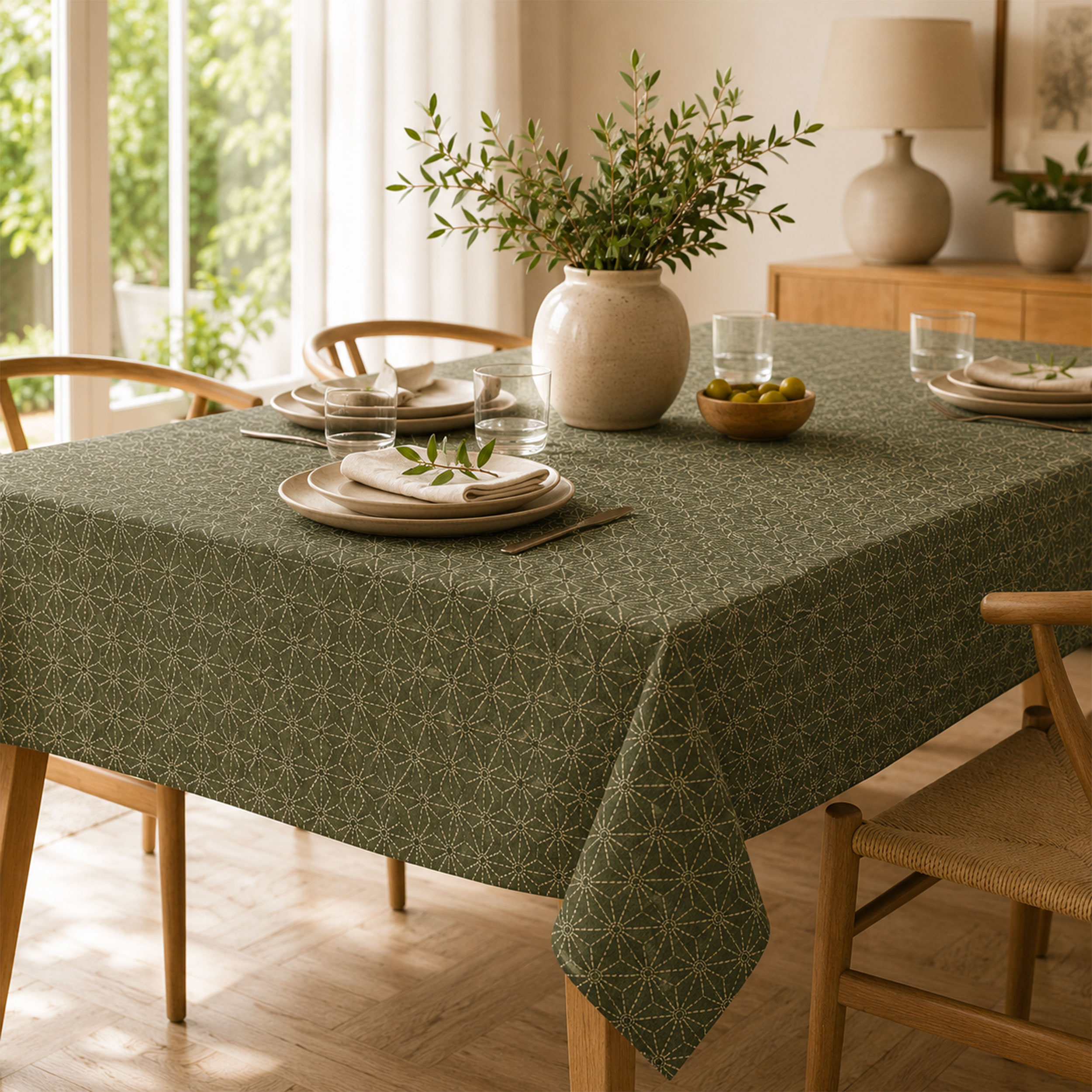 Olive-coloured Cotton Poplin with Geometric Stars Image