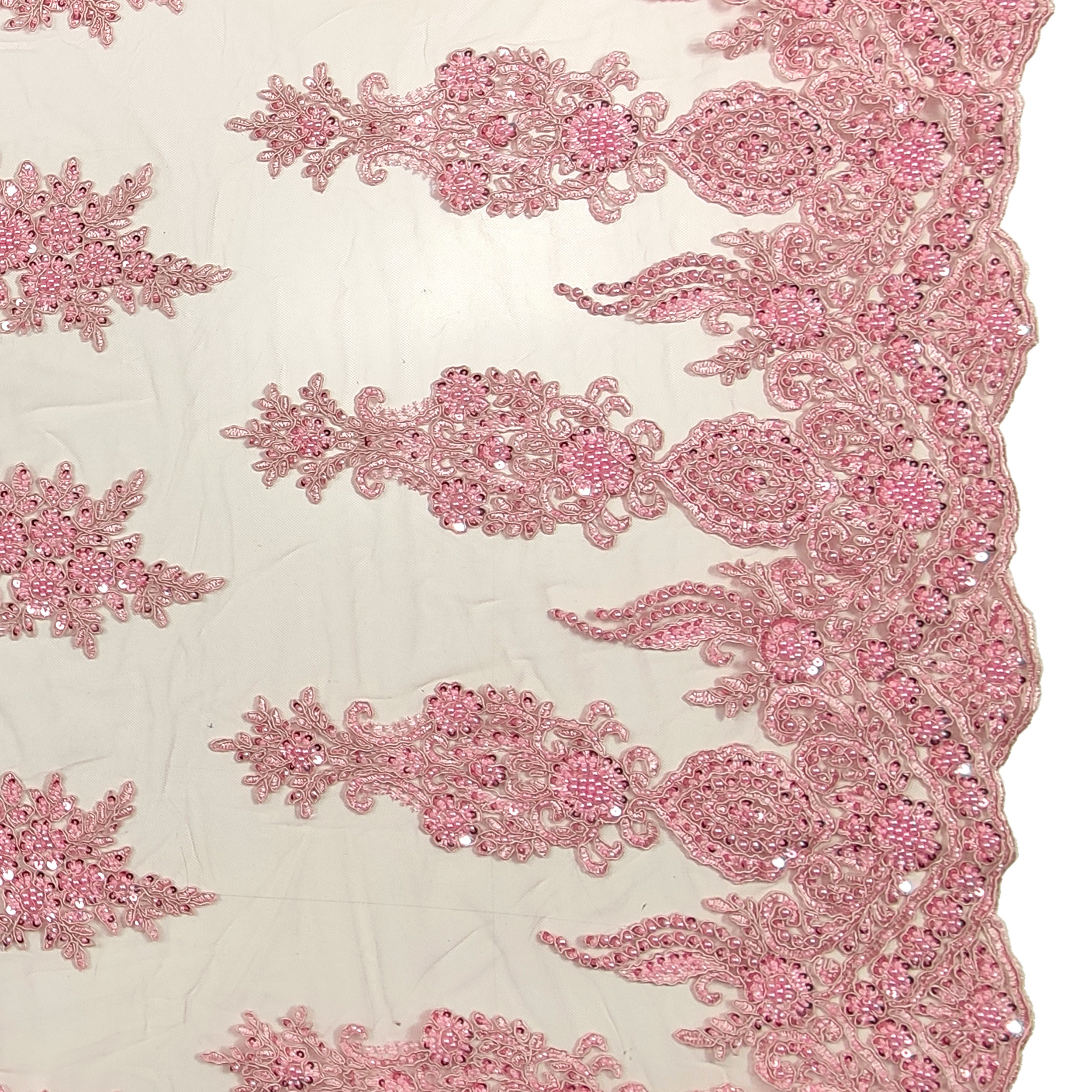 High Fashion Beaded Double Edge Floral Lace - Pink