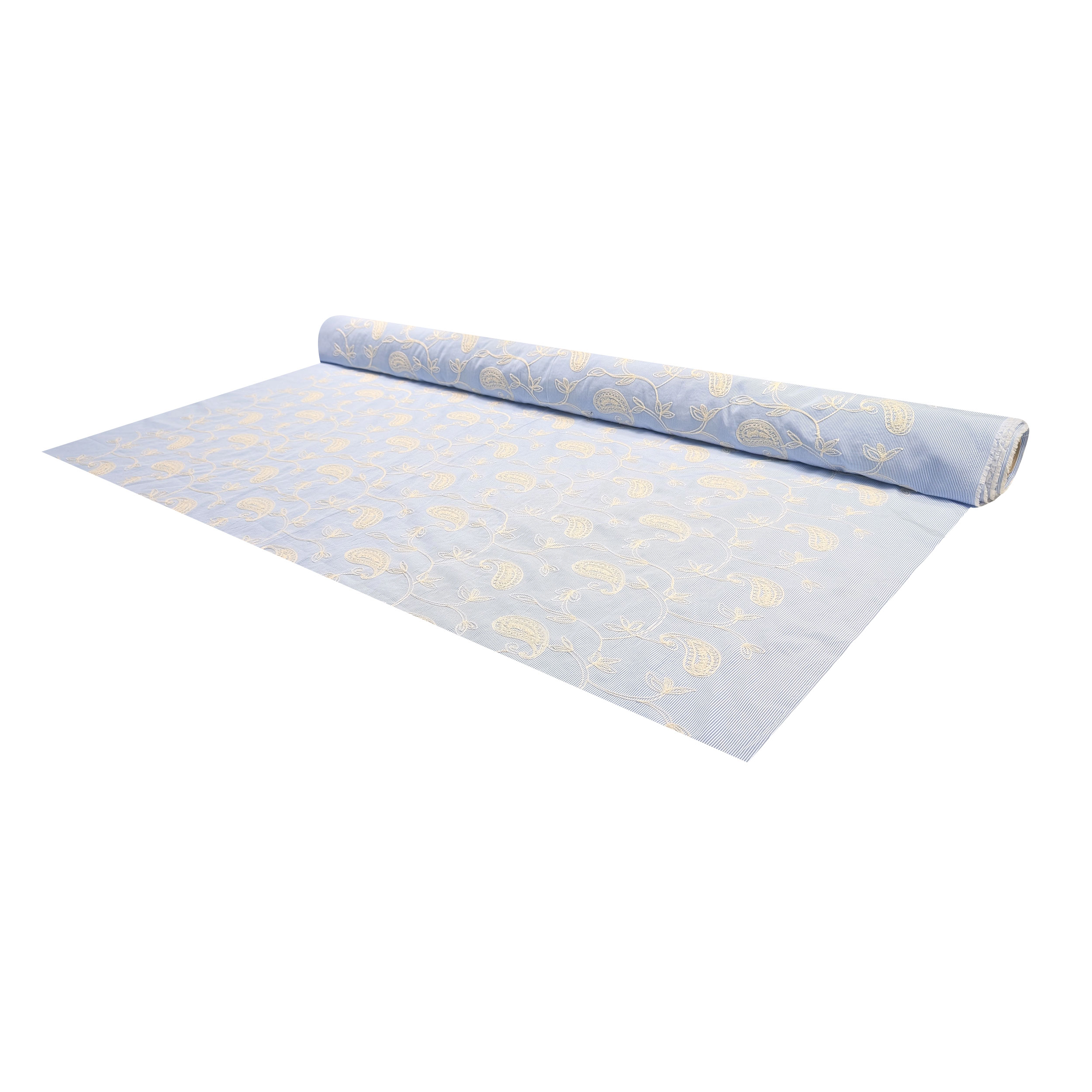 Light Blue Fine-Striped Cotton with Embroidered Leaves Image