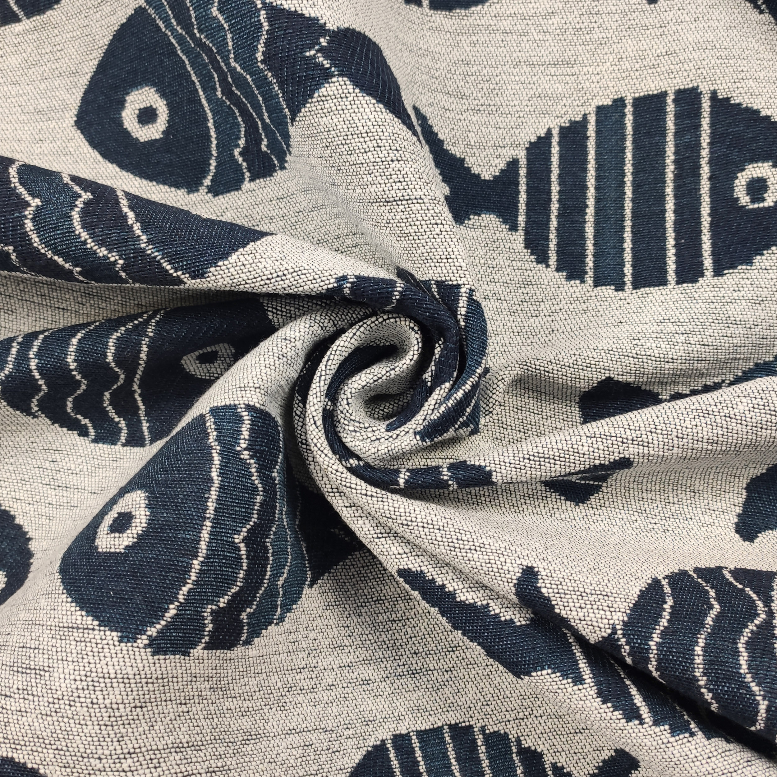 Upholstery Reversible Brocade - Grey, Blue Fishes